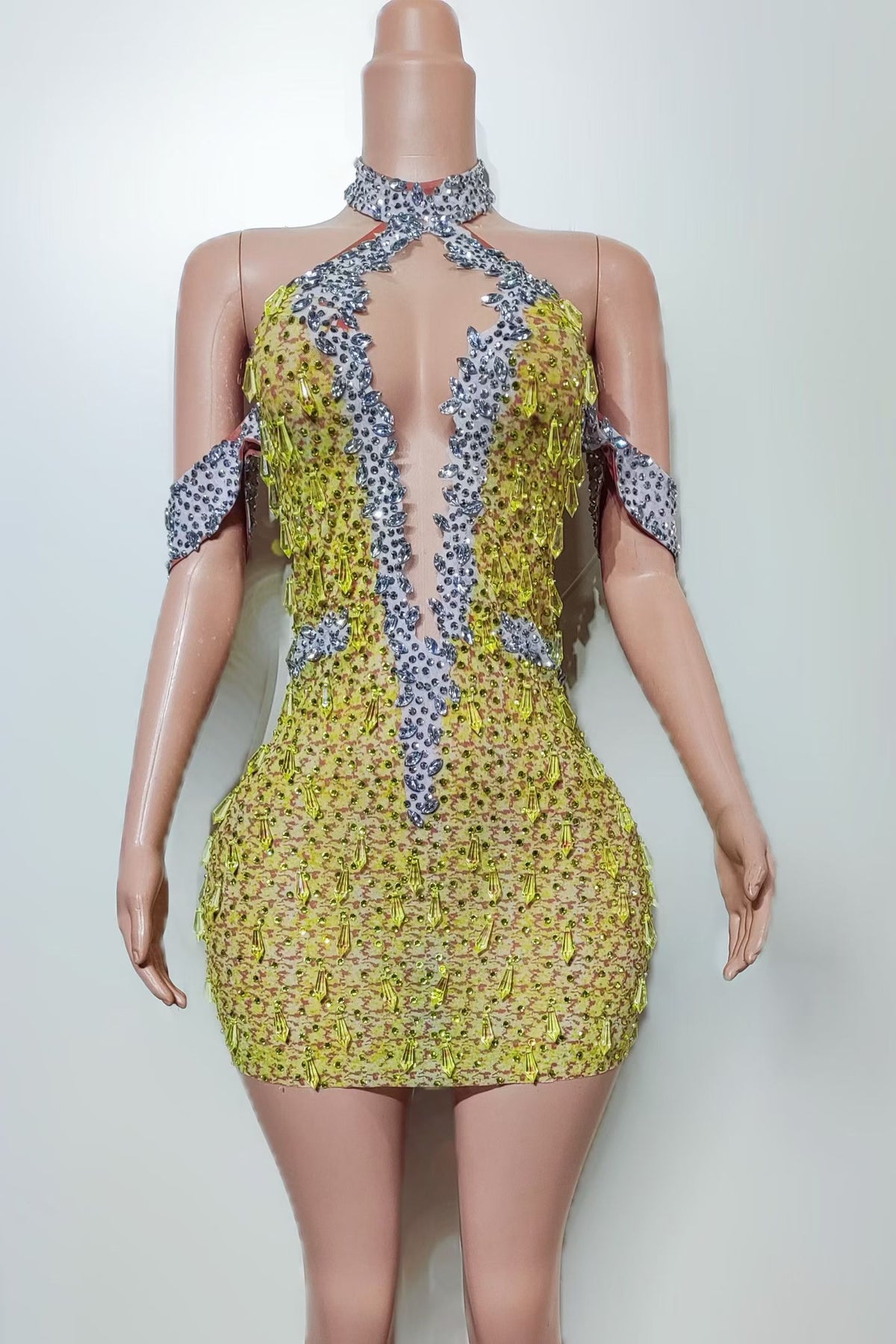 CELESINYI Qinggua Crystal Yellow Gem Mini Dress