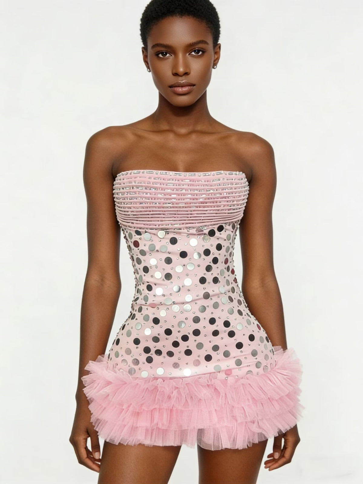 CELESINYI Yusui Crystal Silver Tutu Mini Dress