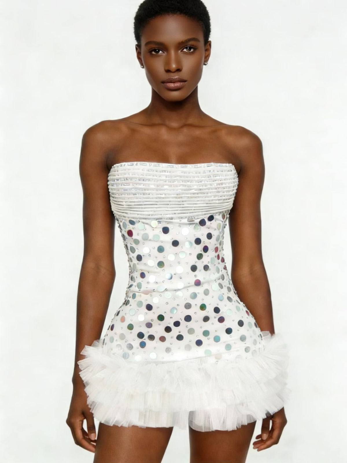 CELESINYI Yusui Crystal Silver Tutu Mini Dress