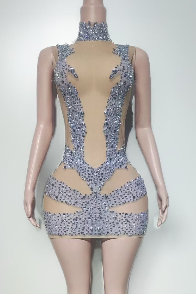 CELESINYI Yase Crystal Gold Strap Mini Dress