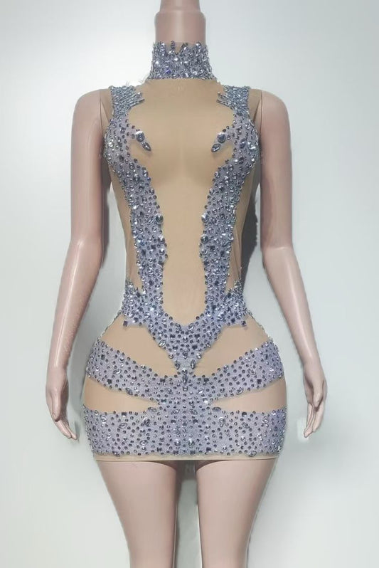 CELESINYI Yase Crystal Gold Strap Mini Dress