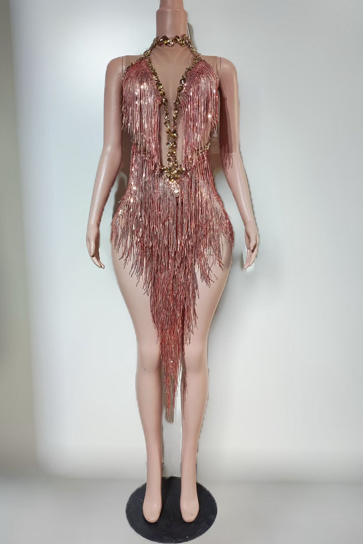 CELESINYI Majiao Crystal Rose-Gold Fringe Bodysuit
