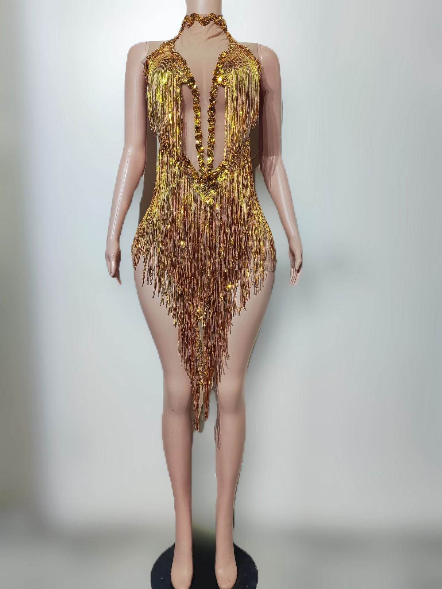 CELESINYI Majiao Crystal Rose-Gold Fringe Bodysuit