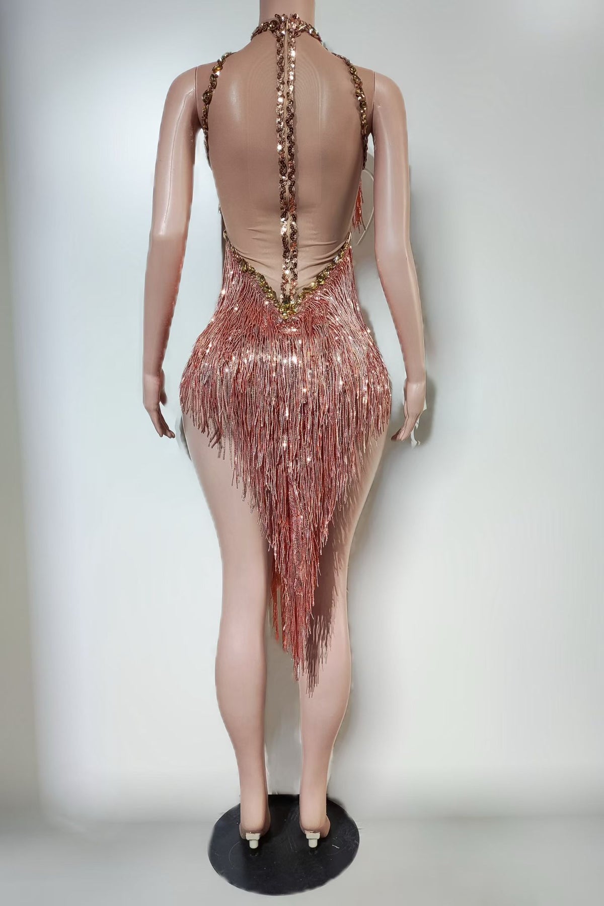 CELESINYI Majiao Crystal Rose-Gold Fringe Bodysuit