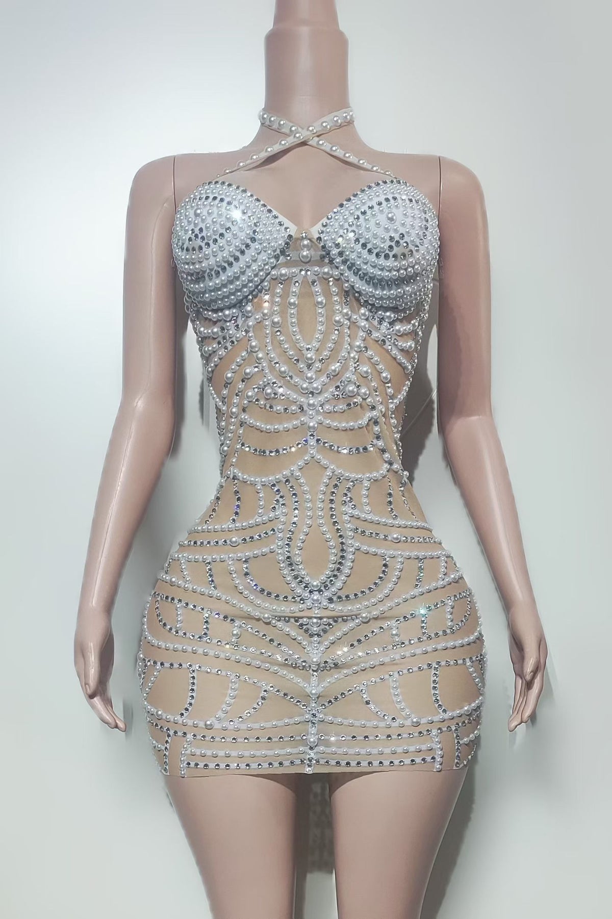 CELESINYI Zhenzhu Crystal Pearl Halter Mini Dress