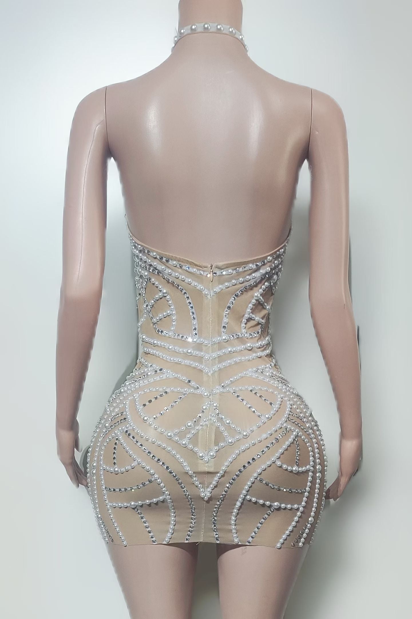 CELESINYI Zhenzhu Crystal Pearl Halter Mini Dress
