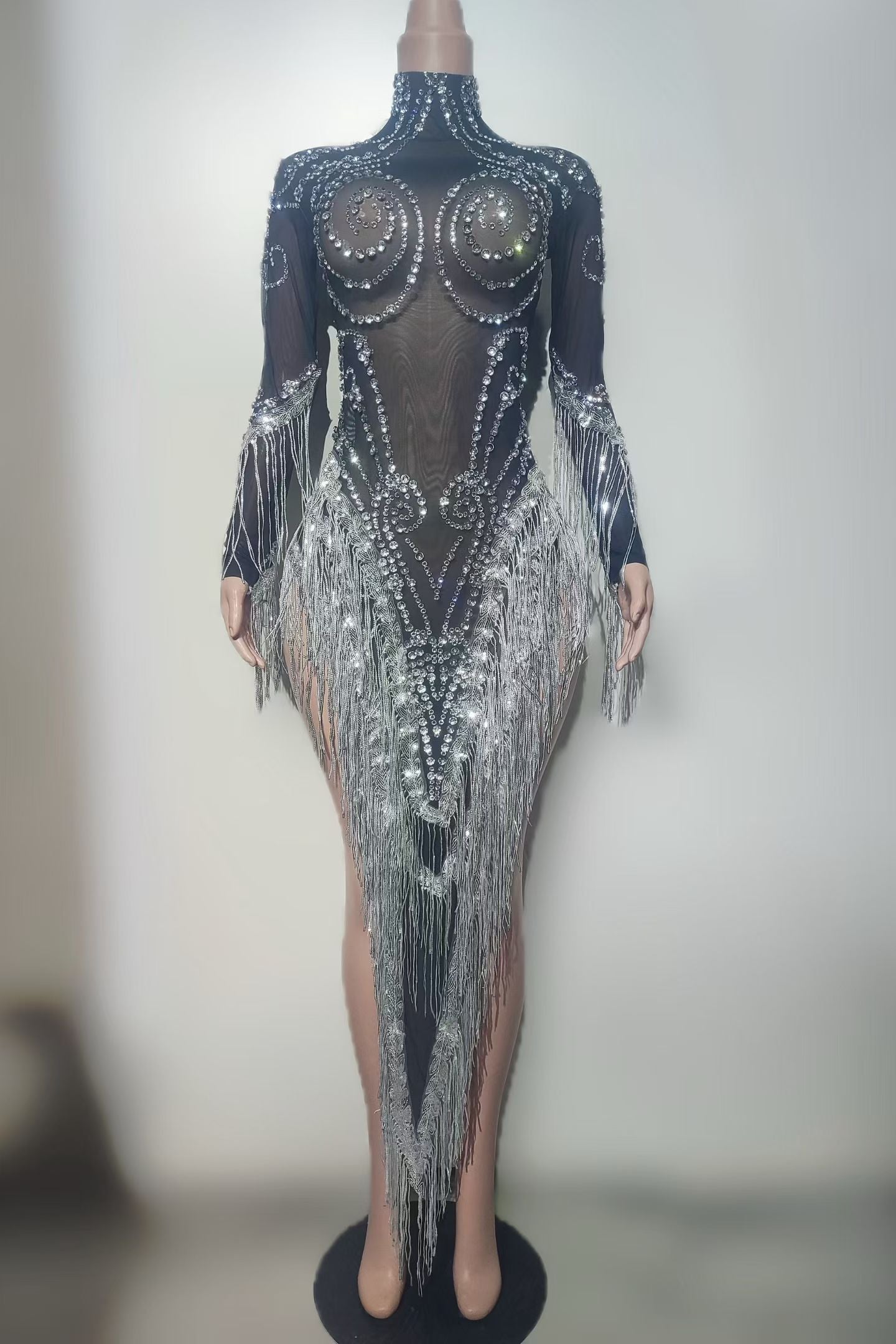 CELESINYI Heitao Crystal Silver Fringe Bodysuit