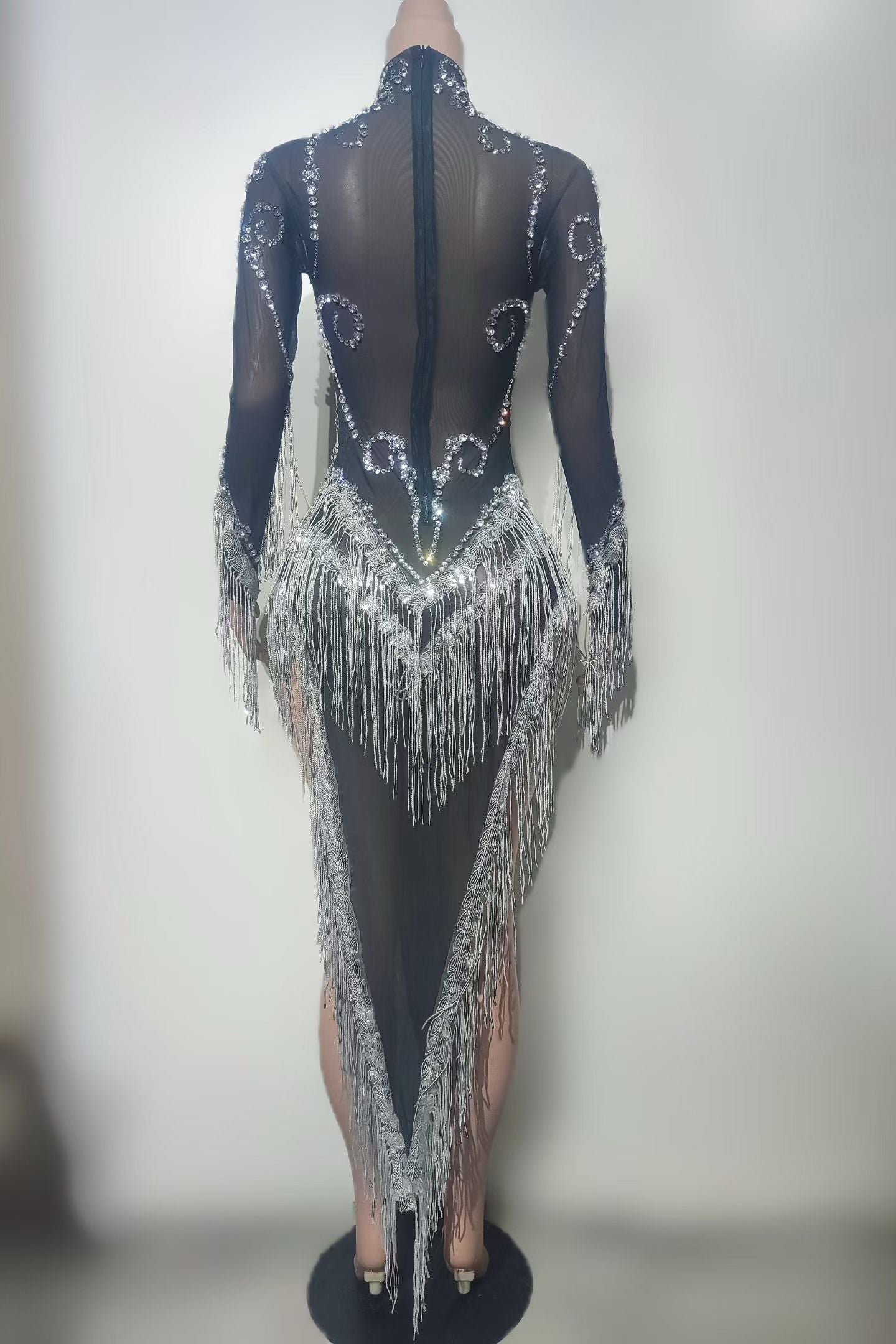 CELESINYI Heitao Crystal Silver Fringe Bodysuit