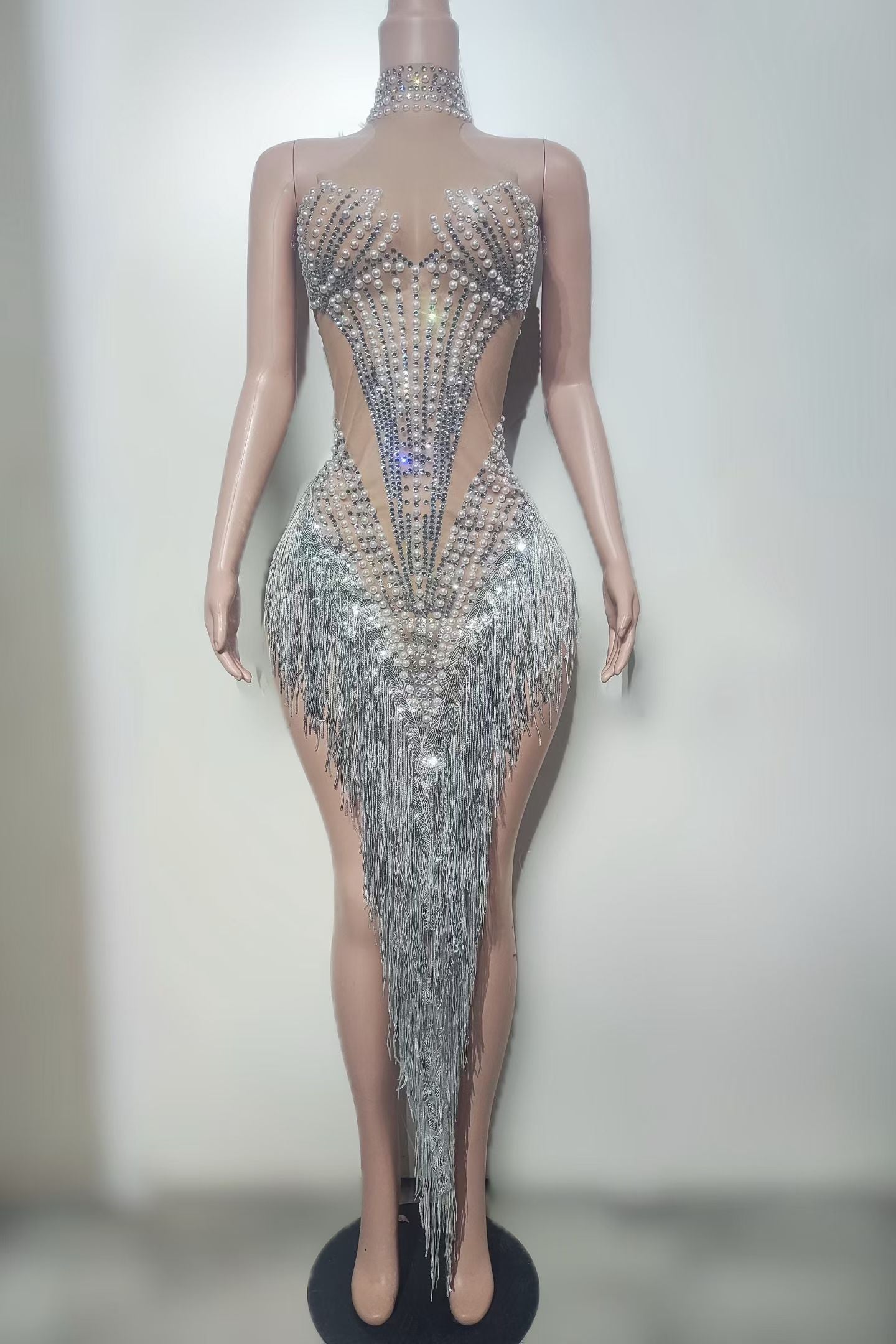 CELESINYI Qiaoli Crystal Pearl Fringe Bodysuit