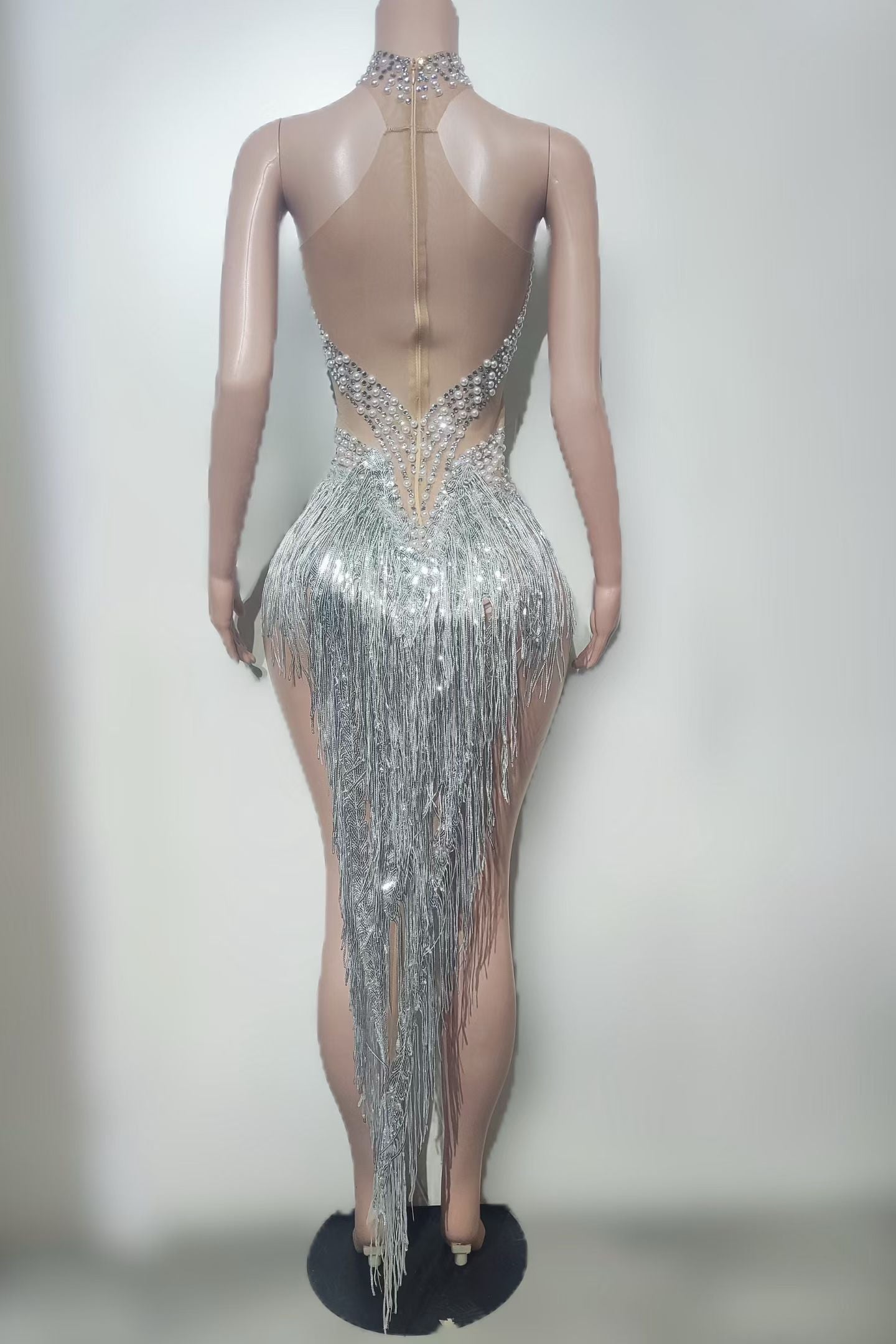 CELESINYI Qiaoli Crystal Pearl Fringe Bodysuit