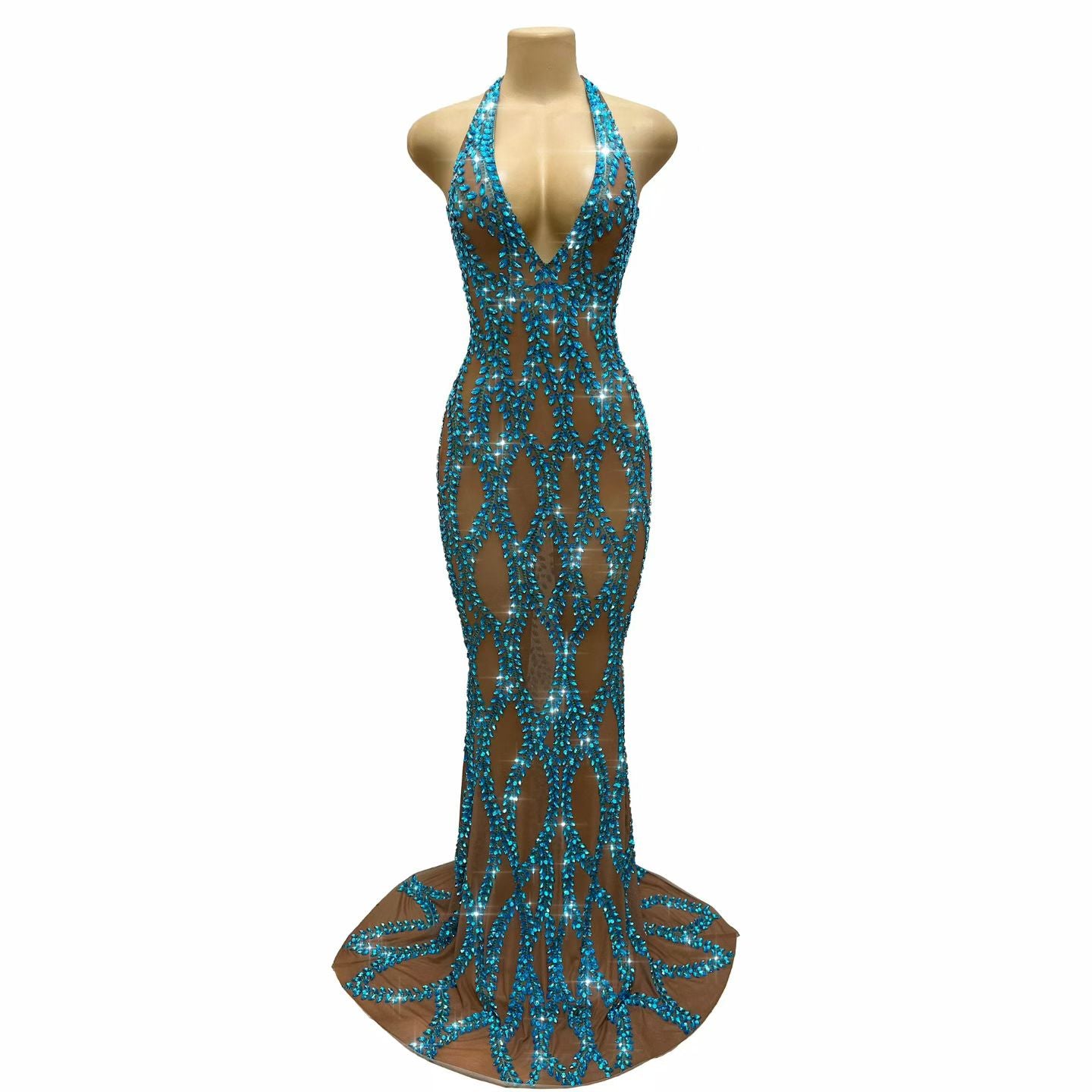 CELESINYI Tengliuzhi Crystal Vine Halter Mermaid Gown
