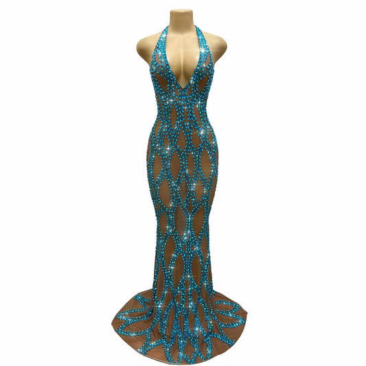 CELESINYI Tengliuzhi Crystal Vine Halter Mermaid Gown
