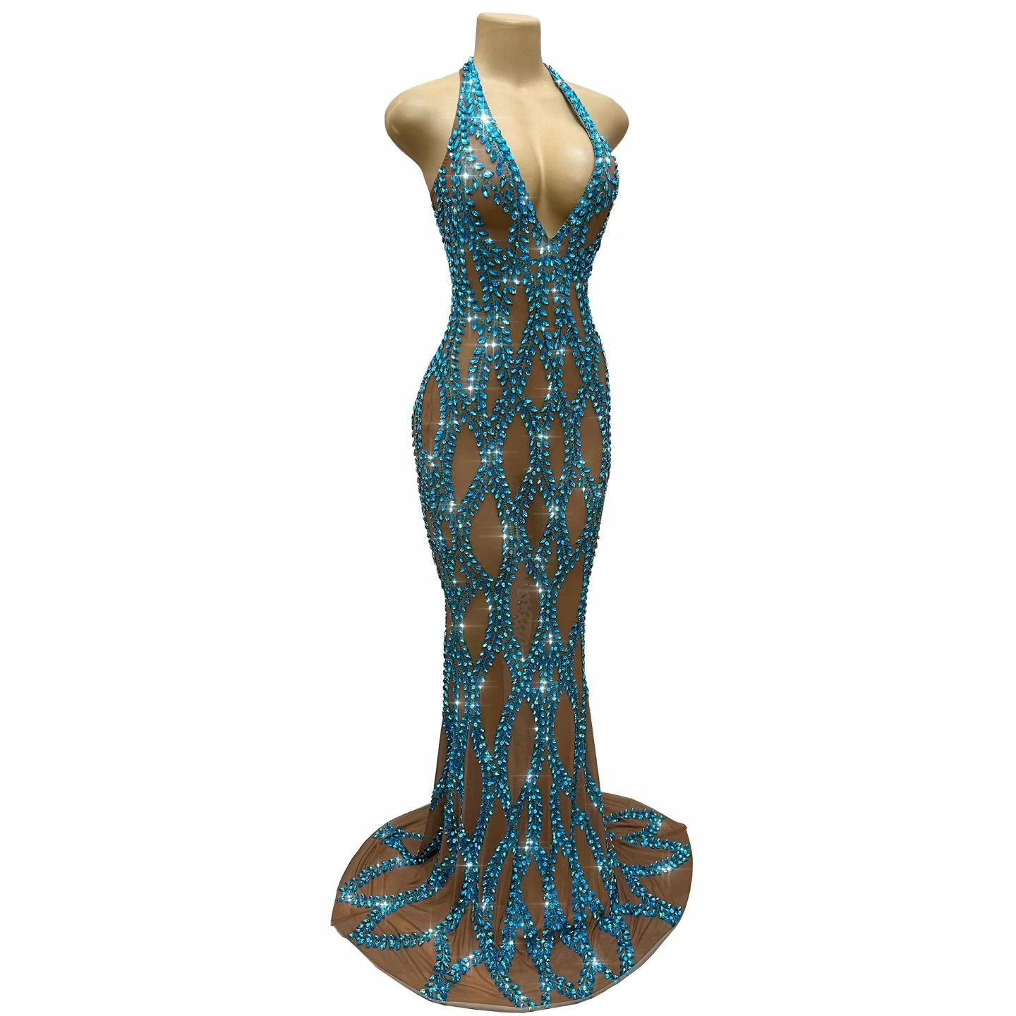 CELESINYI Tengliuzhi Crystal Vine Halter Mermaid Gown