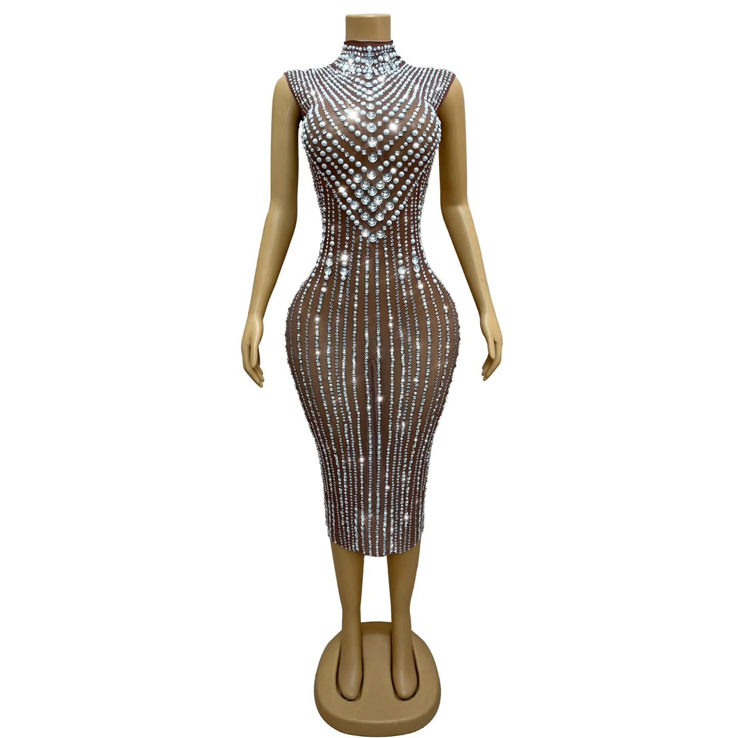 CELESINYI Zhenzhuwang Crystal Pearl Midi Bodycon Dress