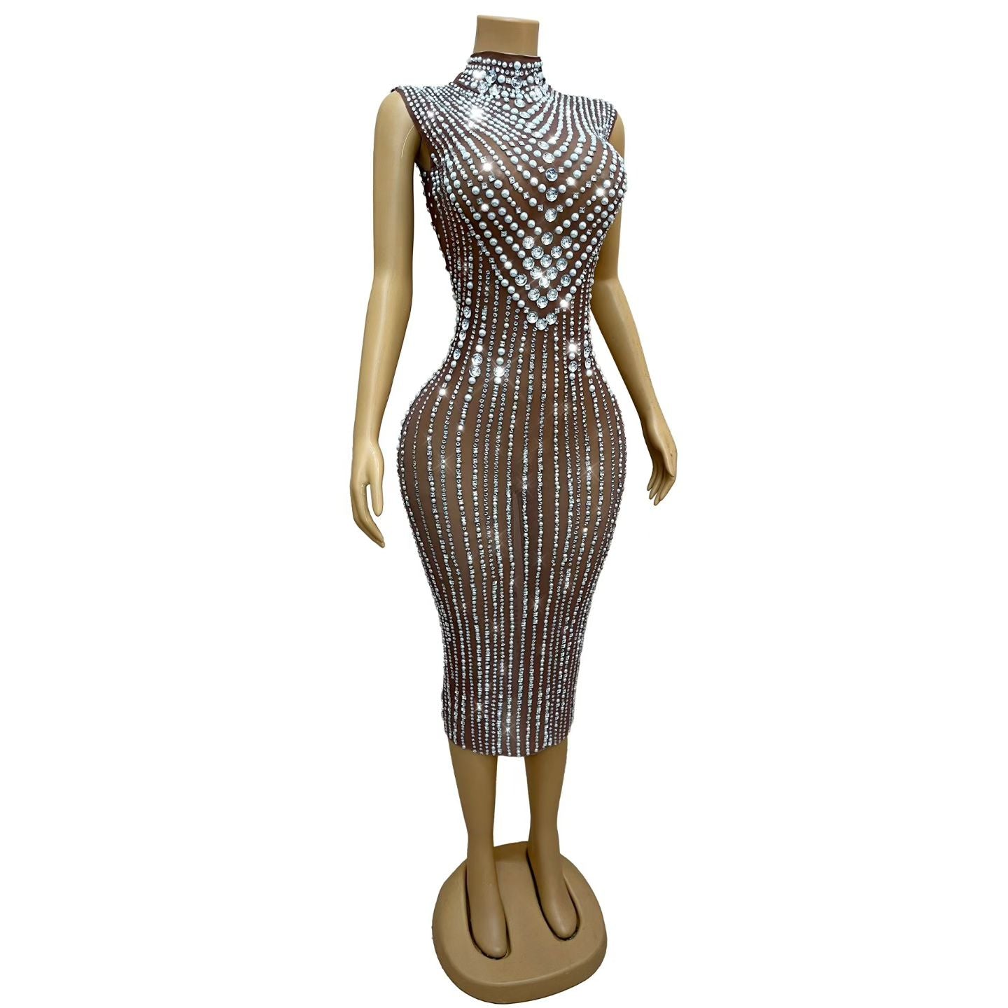 CELESINYI Zhenzhuwang Crystal Pearl Midi Bodycon Dress