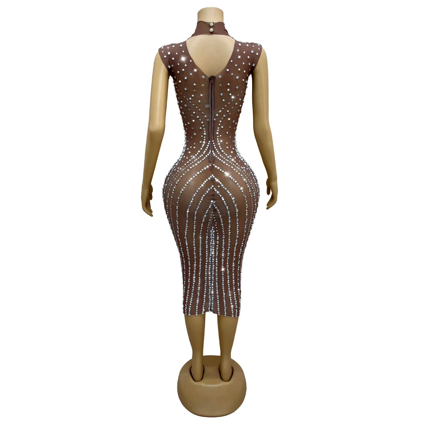 CELESINYI Zhenzhuwang Crystal Pearl Midi Bodycon Dress