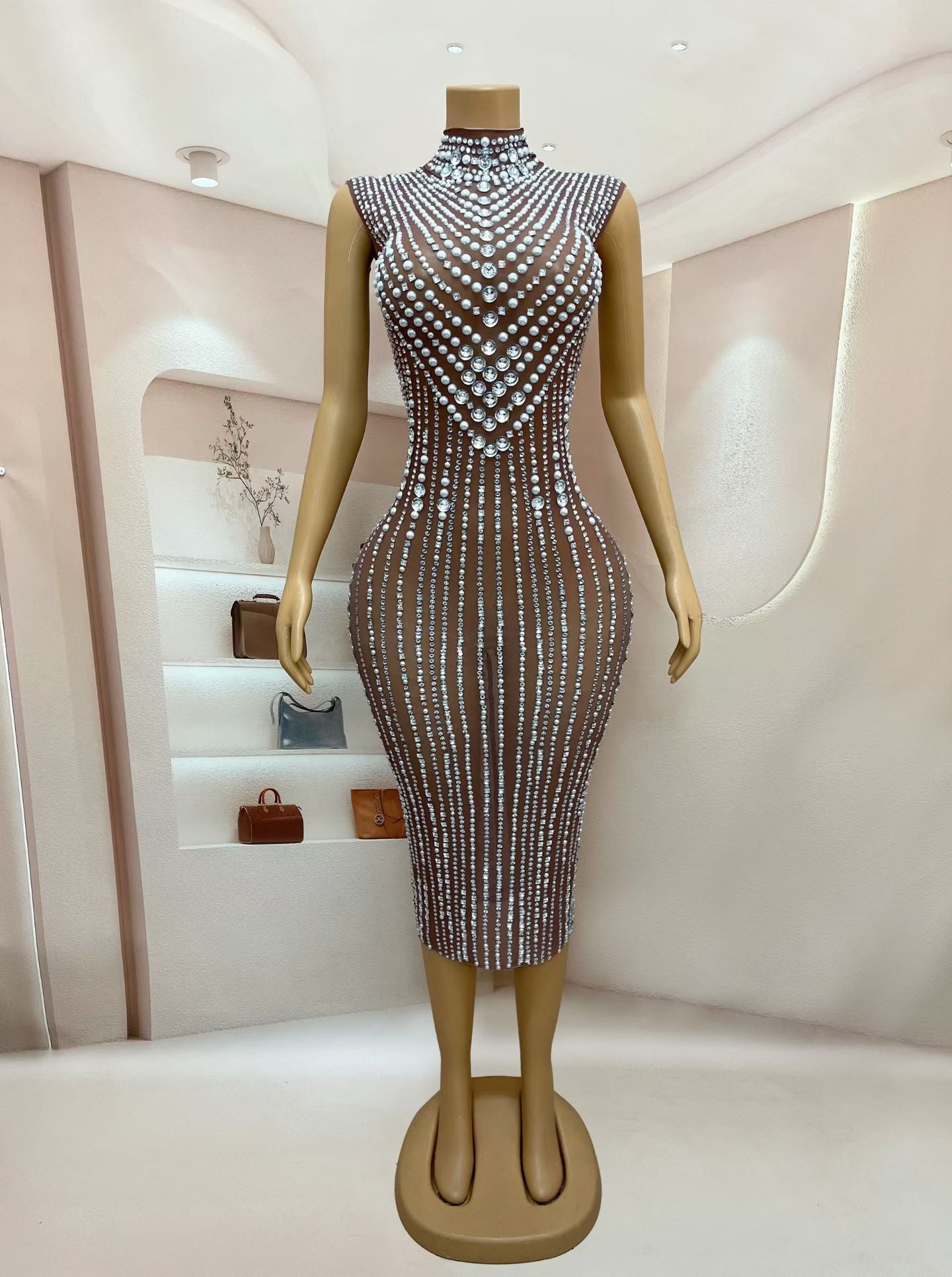 CELESINYI Zhenzhuwang Crystal Pearl Midi Bodycon Dress