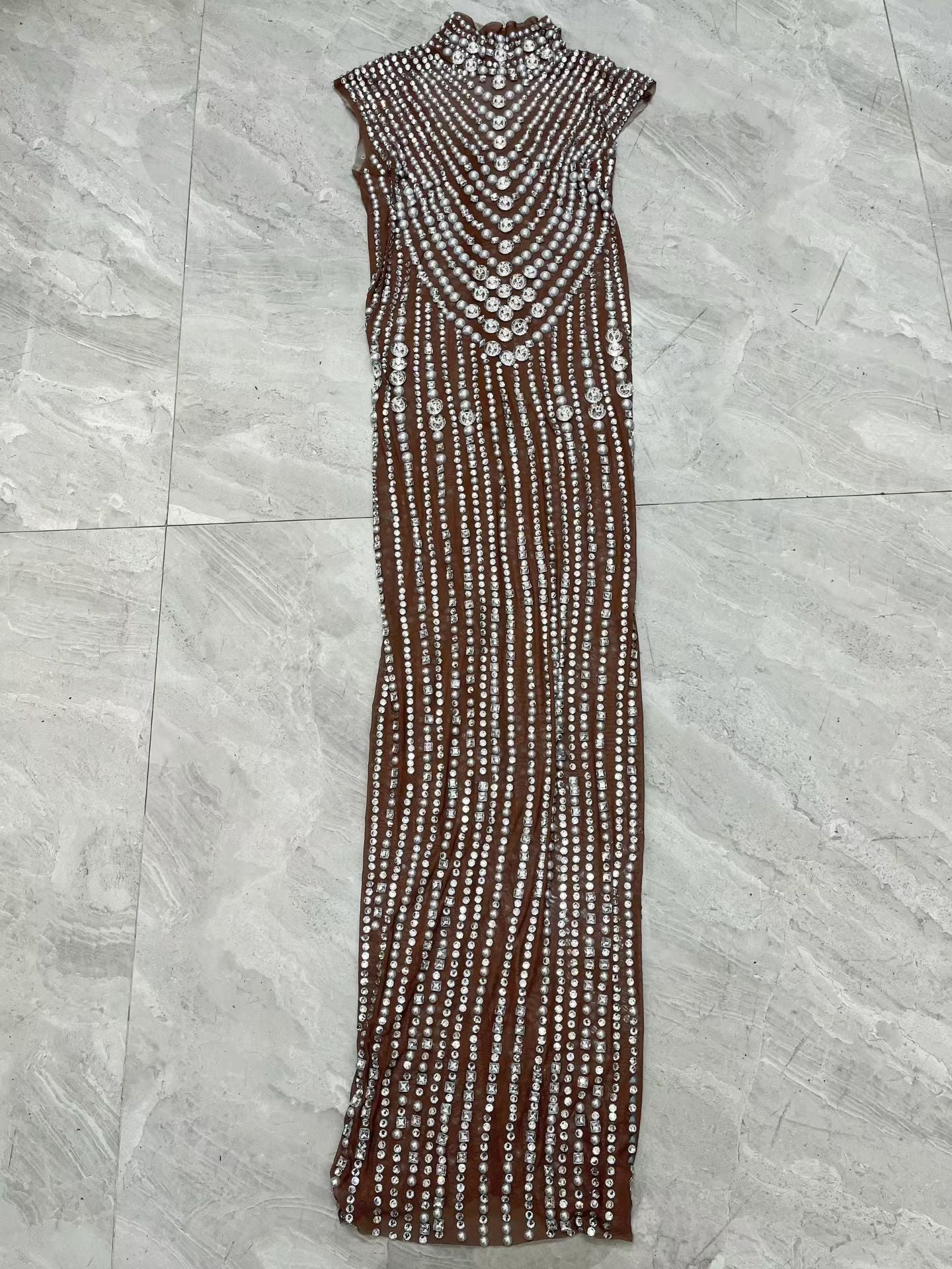 CELESINYI Zhenzhuwang Crystal Pearl Midi Bodycon Dress