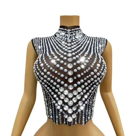 CELESINYI Zhenzhuwang Crystal Pearl Crop Top