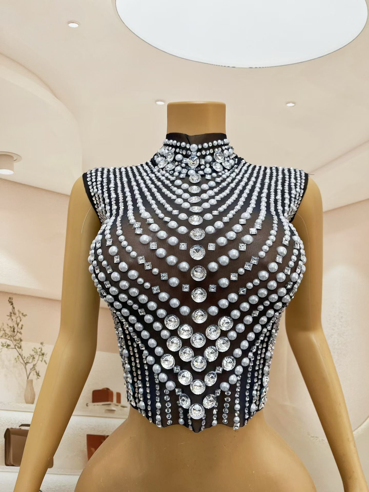 CELESINYI Zhenzhuwang Crystal Pearl Crop Top