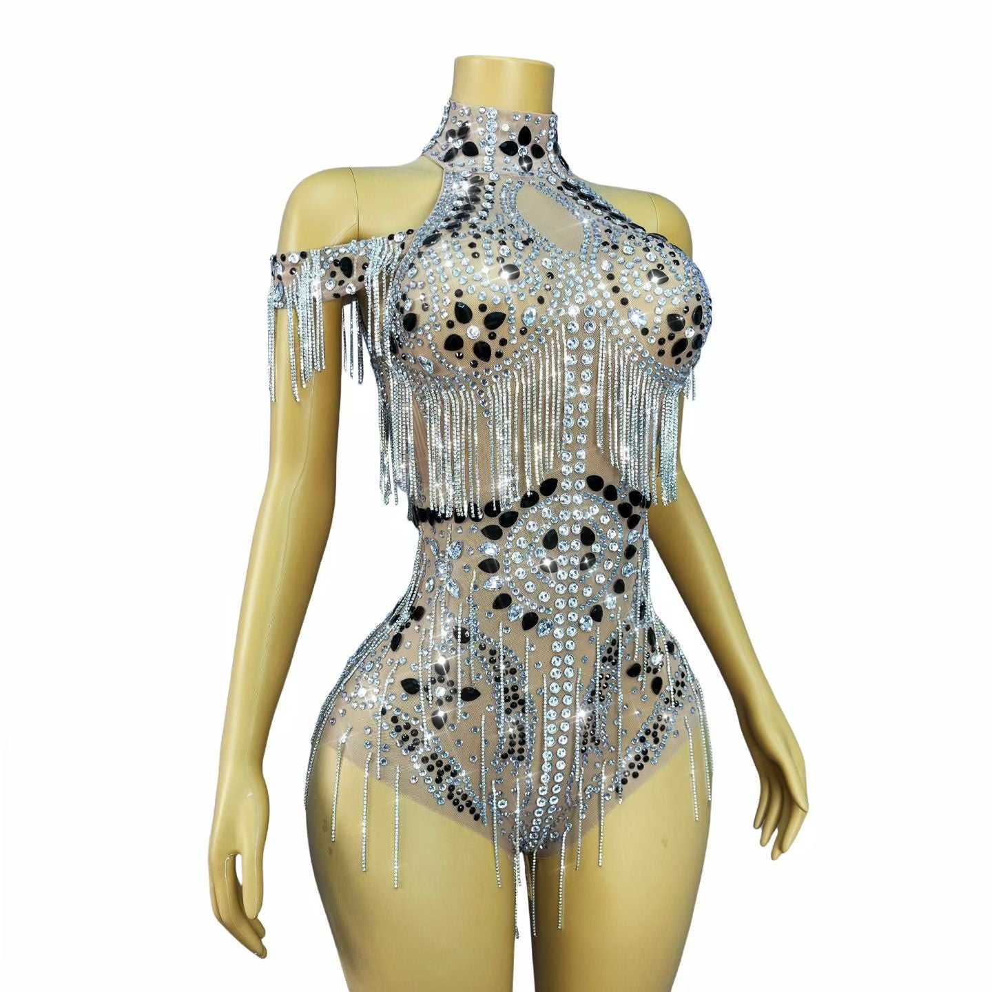 CELESINYI Shuiliandong Crystal Waterfall Fringe Bodysuit