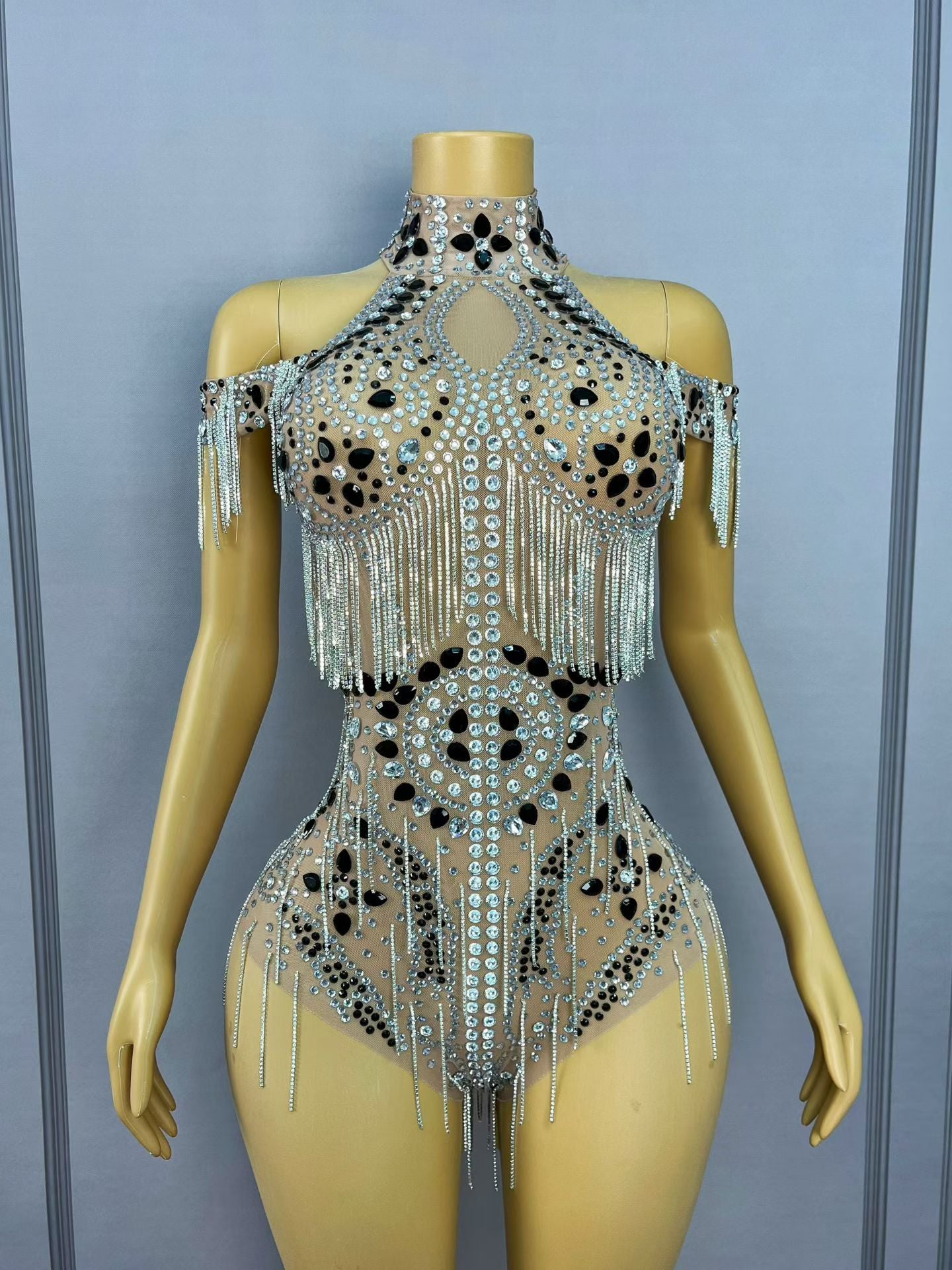 CELESINYI Shuiliandong Crystal Waterfall Fringe Bodysuit