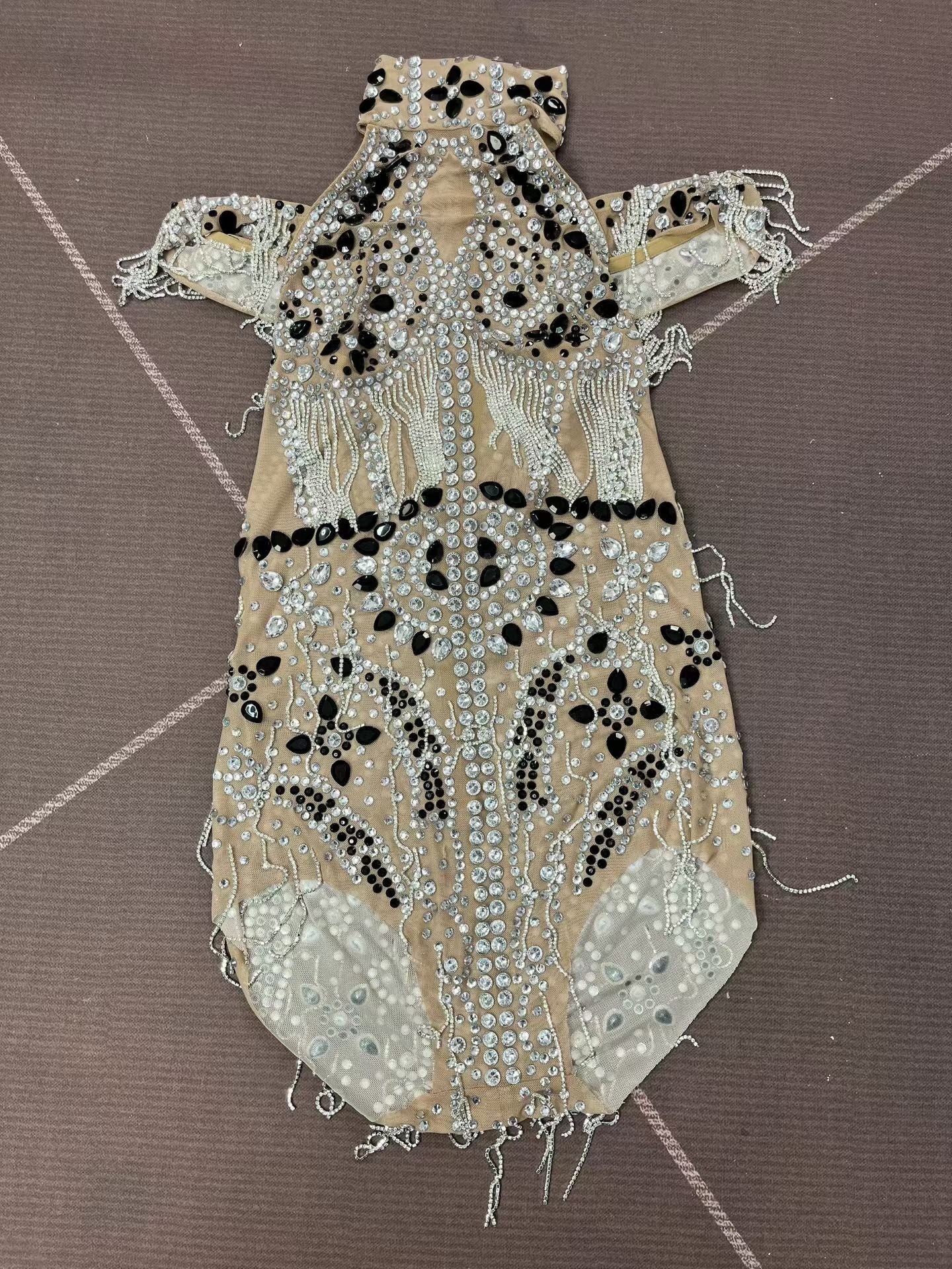 CELESINYI Shuiliandong Crystal Waterfall Fringe Bodysuit