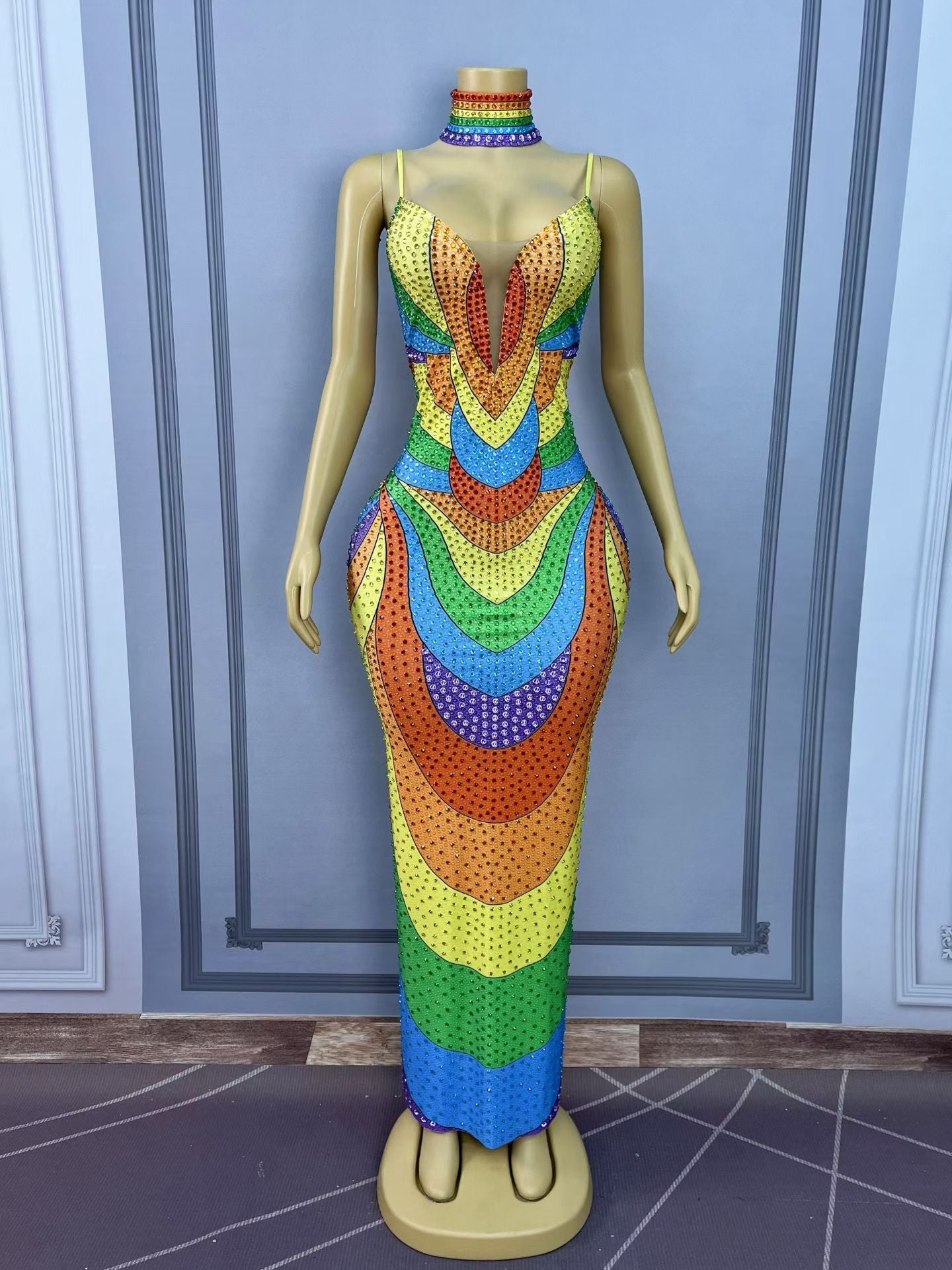 CELESINYI Liuseiguang Crystal Rainbow Gradient Bodycon Gown