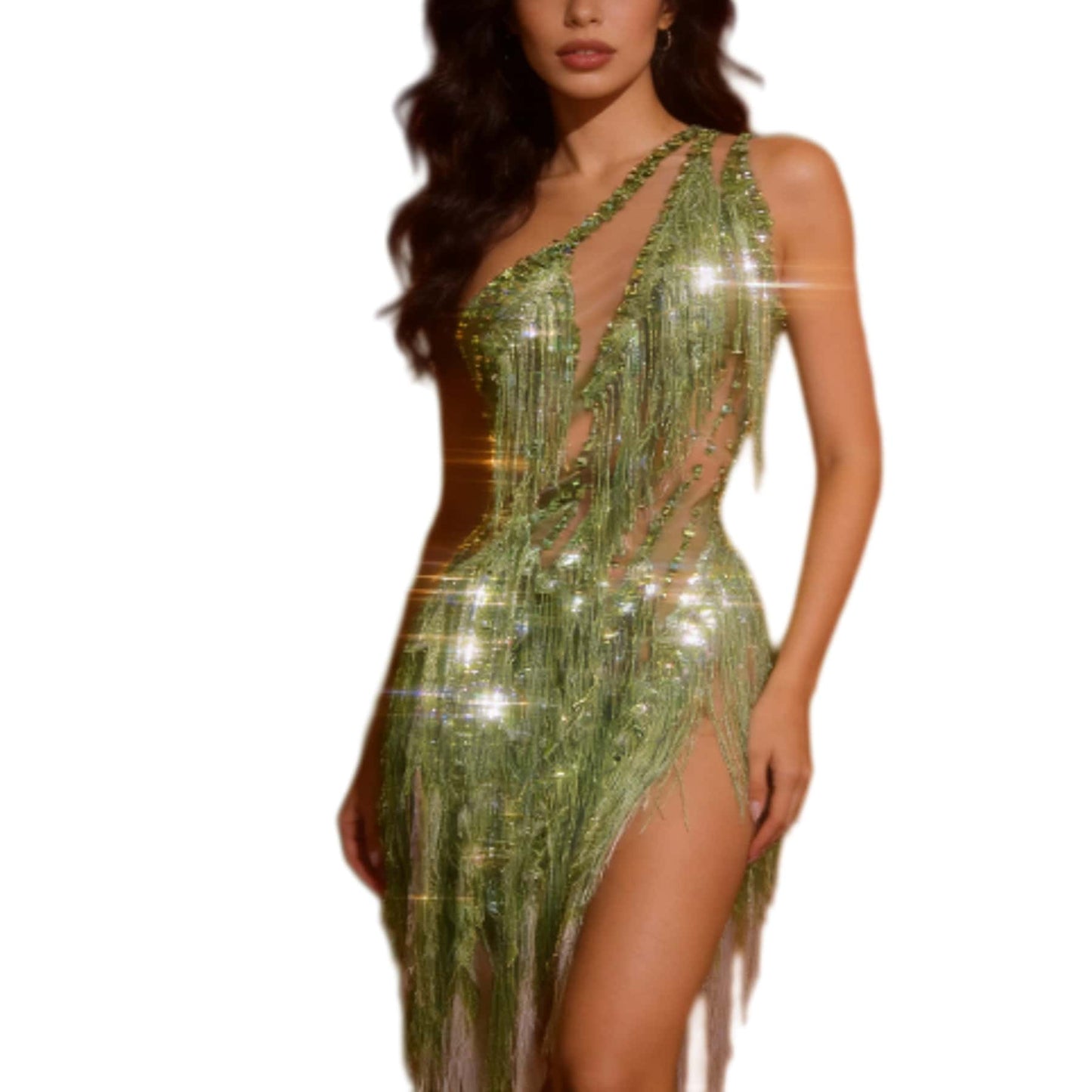 CELESINYI Chunfeng Crystal Emerald Fringe Bodysuit