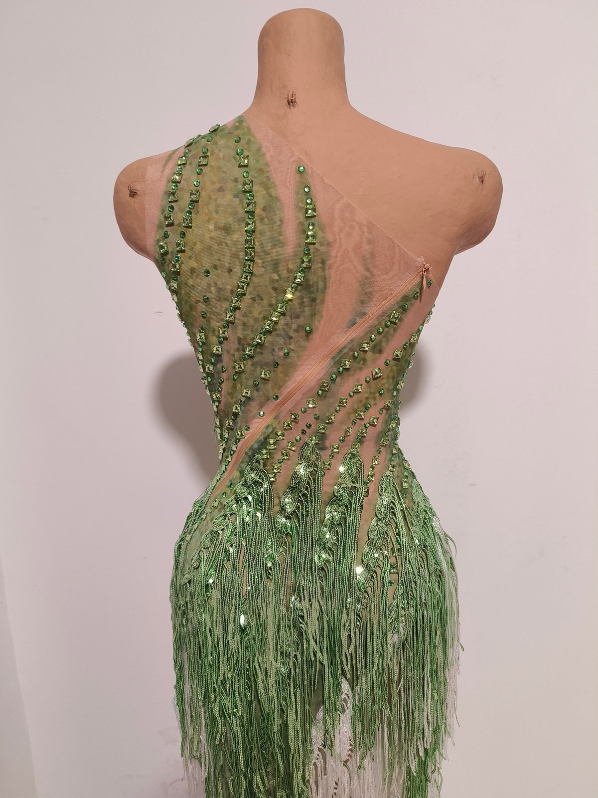 CELESINYI Chunfeng Crystal Emerald Fringe Bodysuit