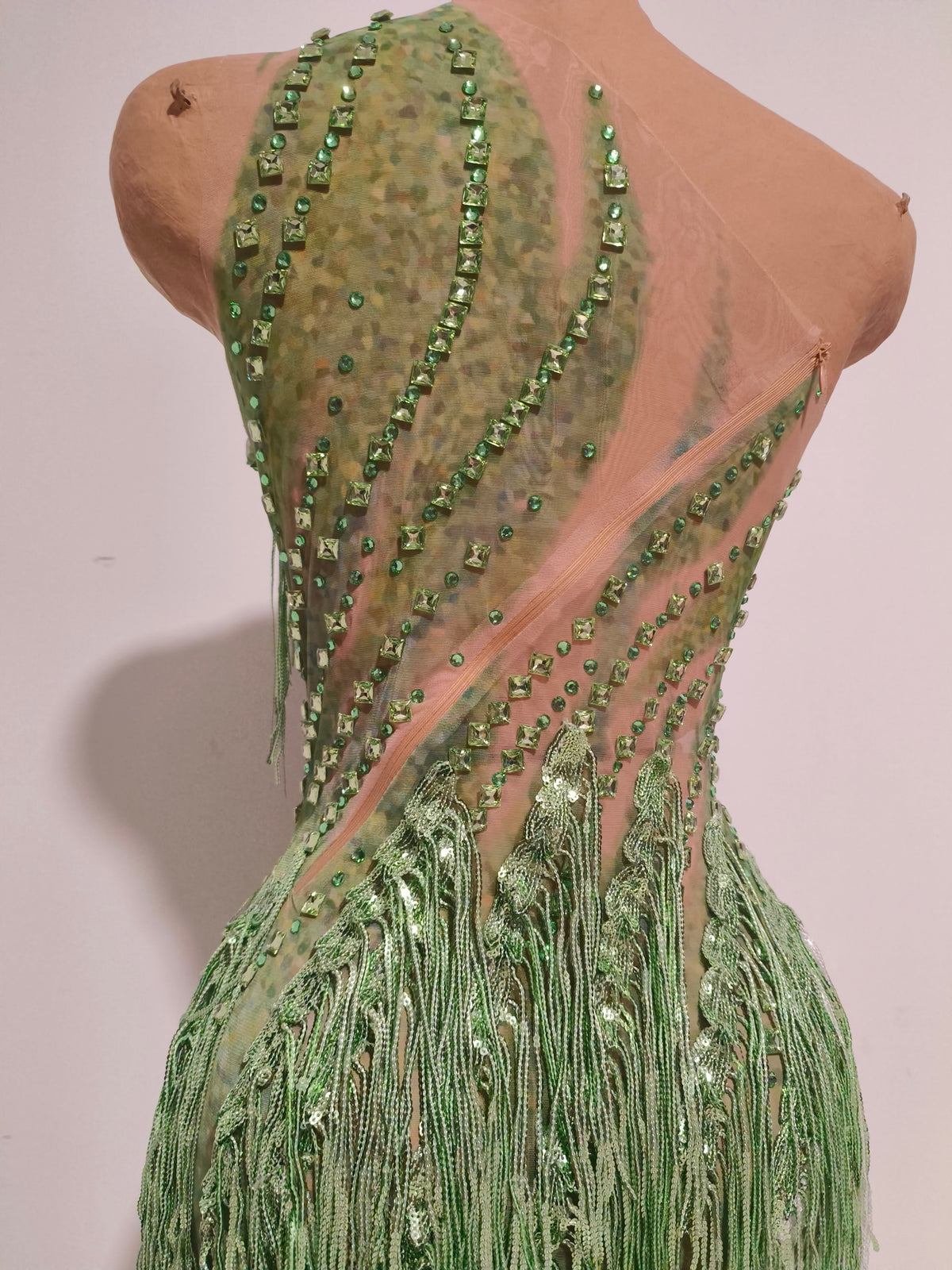 CELESINYI Chunfeng Crystal Emerald Fringe Bodysuit
