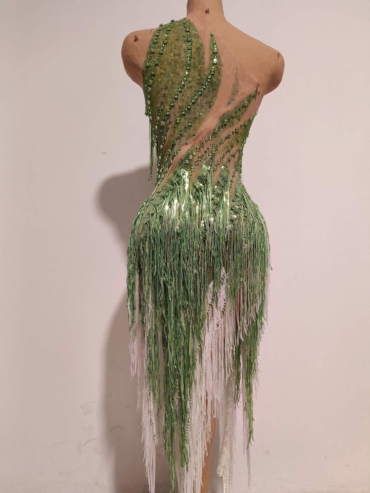 CELESINYI Chunfeng Crystal Emerald Fringe Bodysuit