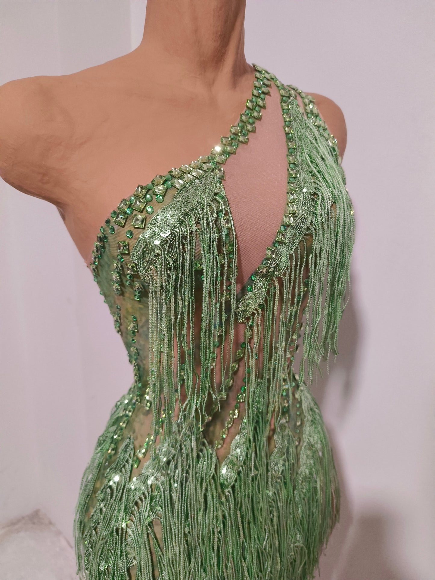 CELESINYI Chunfeng Crystal Emerald Fringe Bodysuit