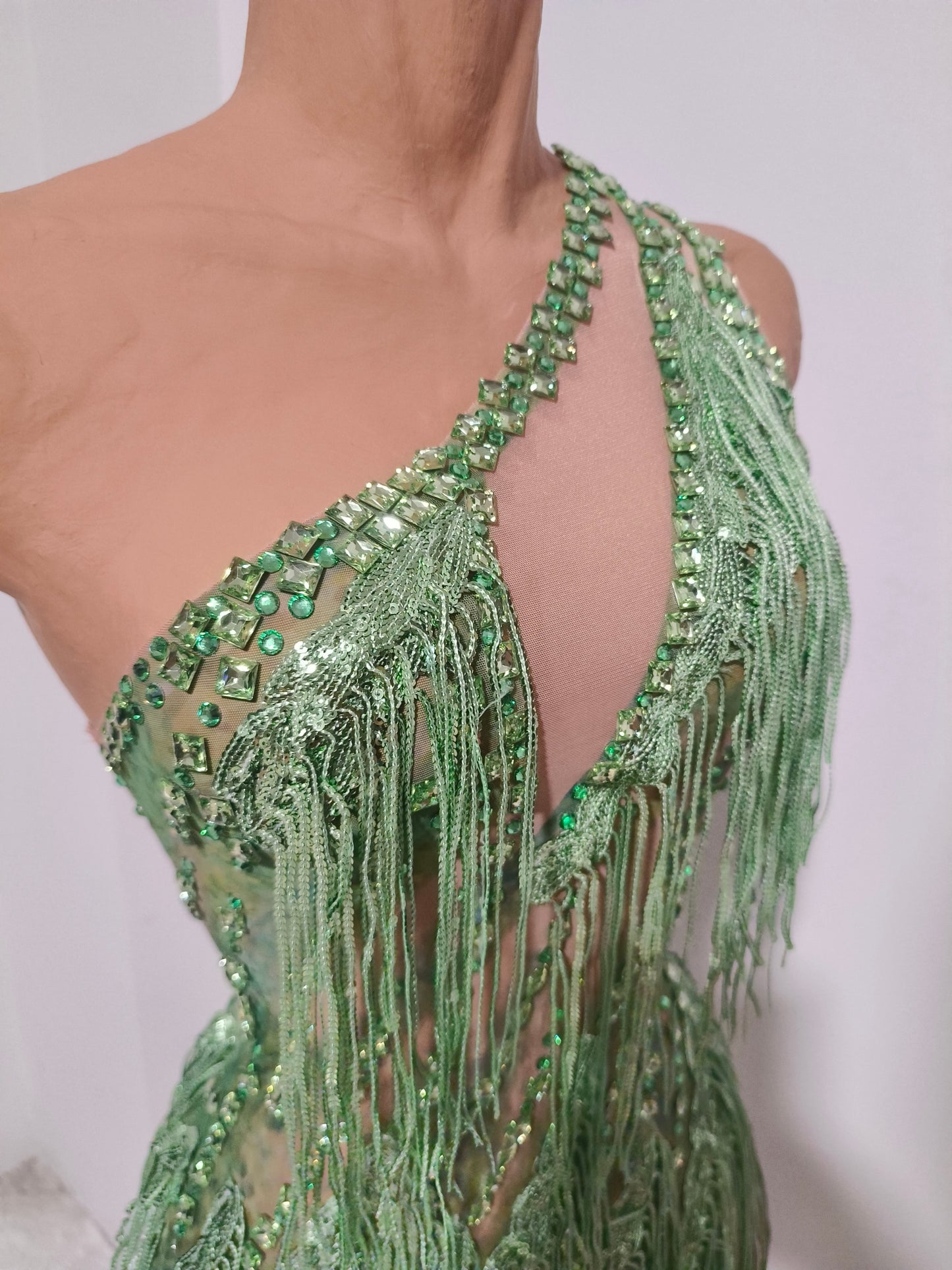 CELESINYI Chunfeng Crystal Emerald Fringe Bodysuit