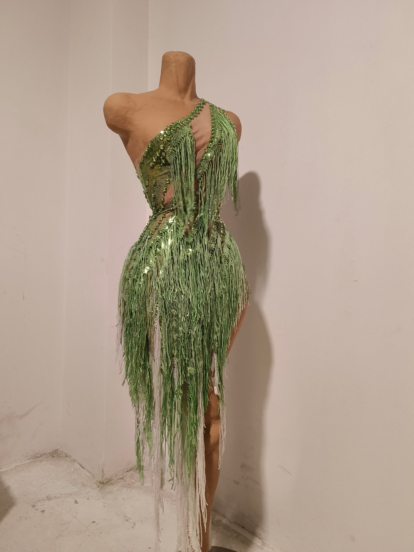 CELESINYI Chunfeng Crystal Emerald Fringe Bodysuit