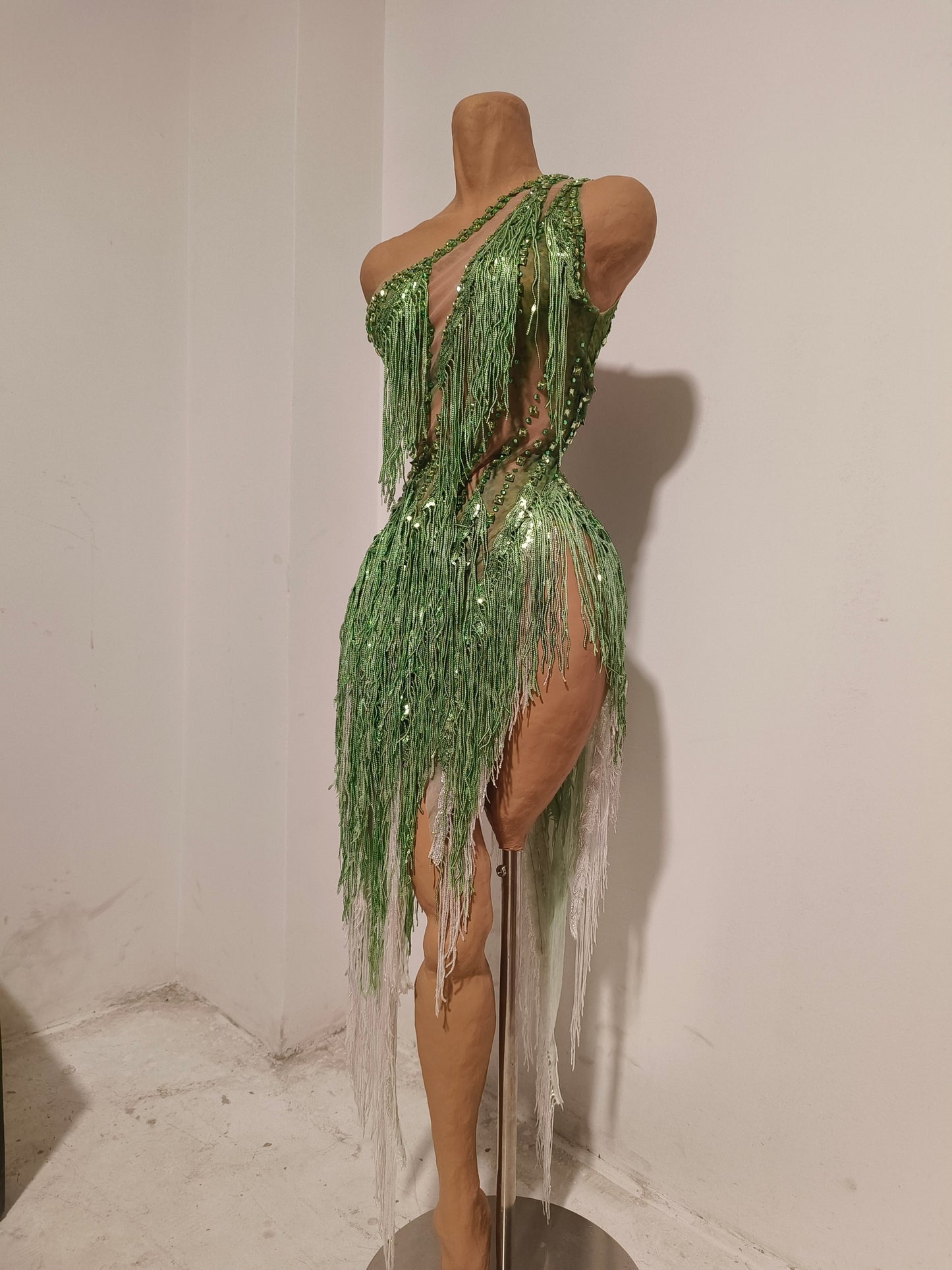 CELESINYI Chunfeng Crystal Emerald Fringe Bodysuit
