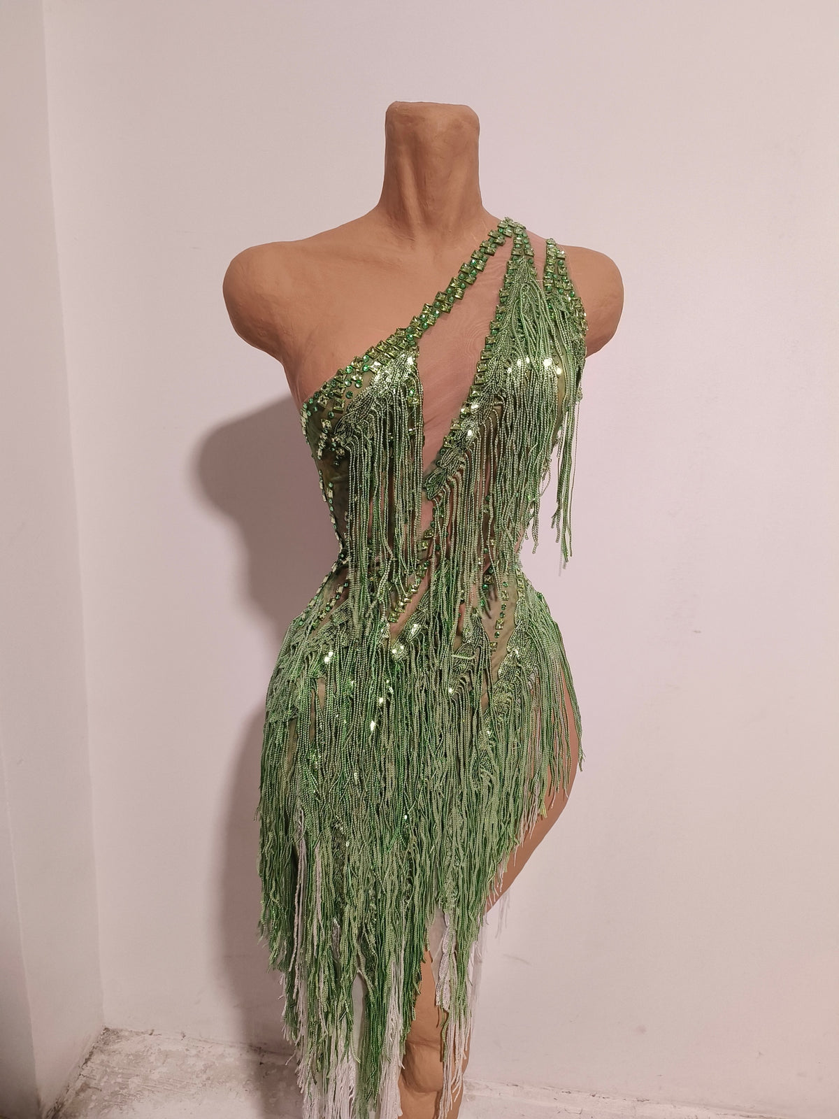 CELESINYI Chunfeng Crystal Emerald Fringe Bodysuit