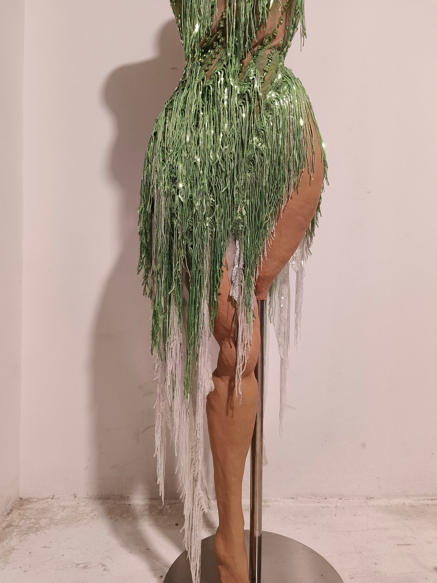 CELESINYI Chunfeng Crystal Emerald Fringe Bodysuit