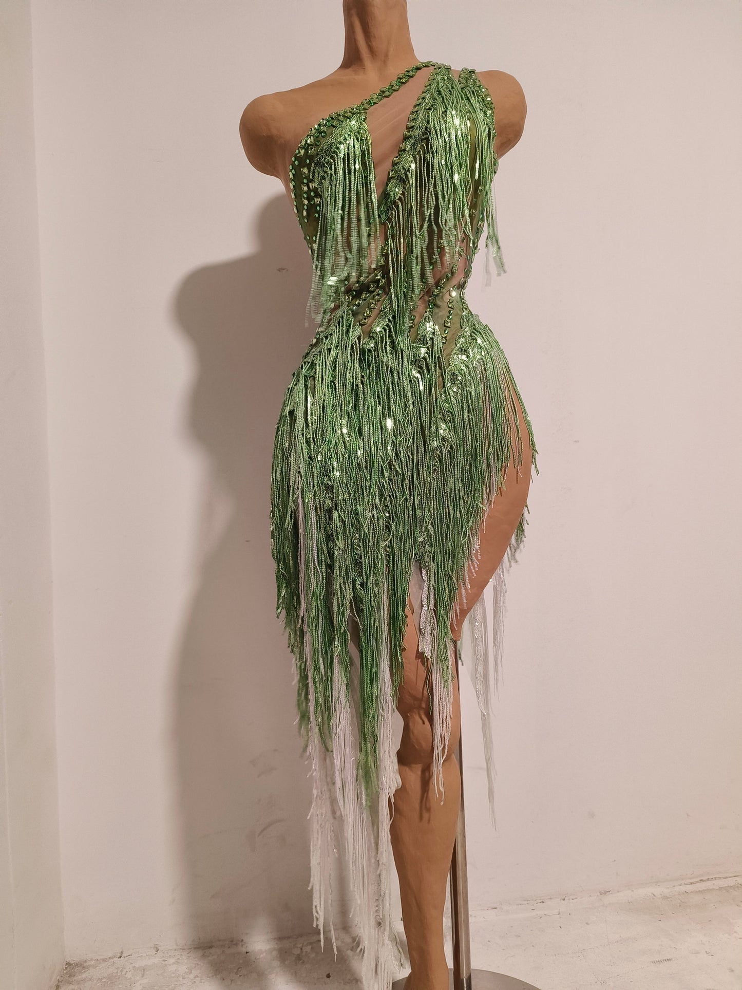 CELESINYI Chunfeng Crystal Emerald Fringe Bodysuit
