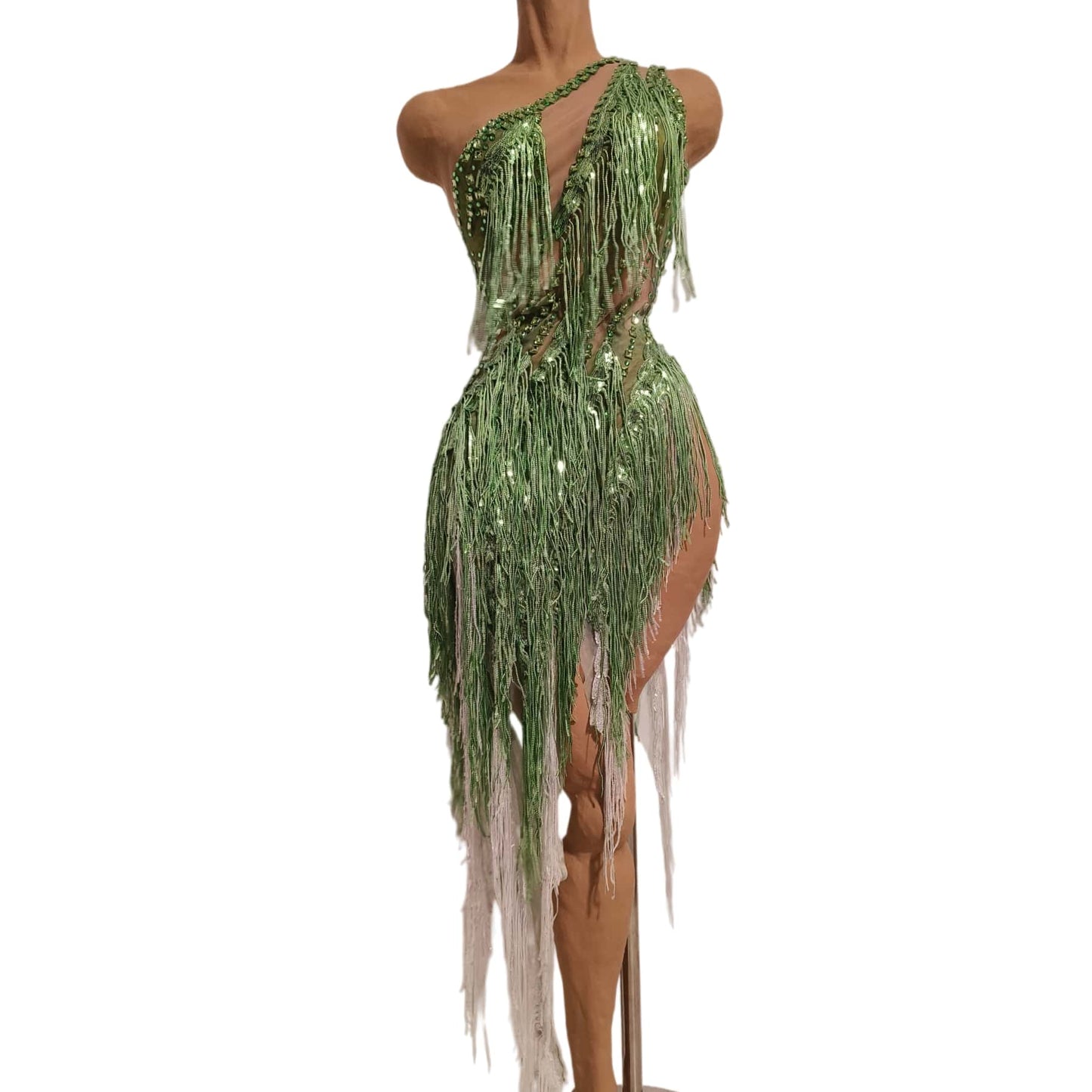 CELESINYI Chunfeng Crystal Emerald Fringe Bodysuit