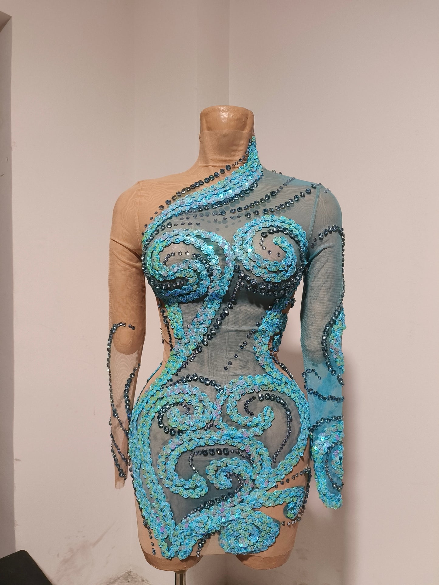 CELESINYI Chitang Crystal Two Tone Blue Leotard