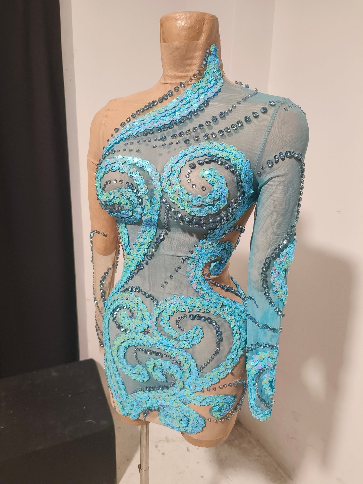 CELESINYI Chitang Crystal Two Tone Blue Leotard