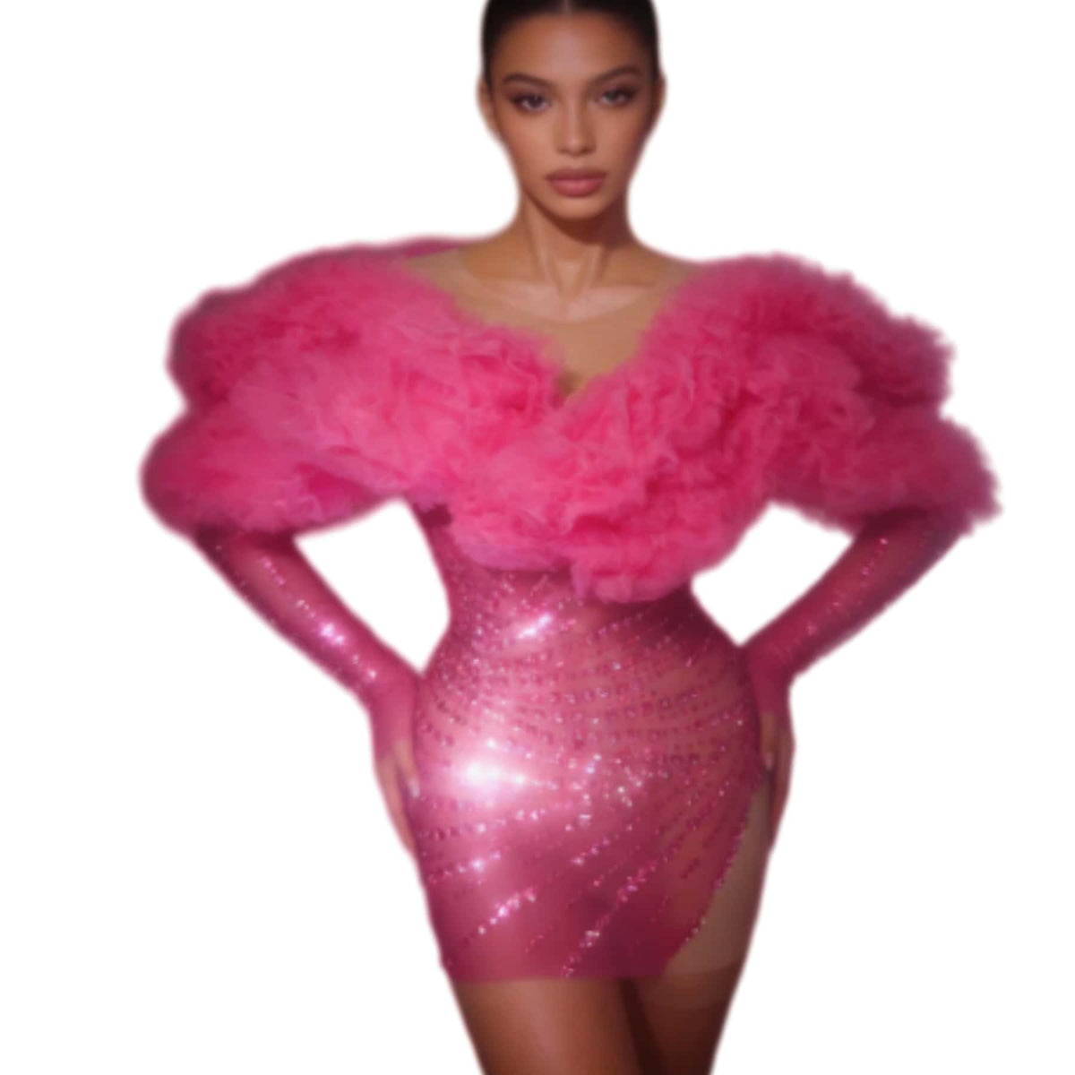CELESINYI Guose Crystal Hot Pink Ruffle Mini Dress