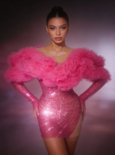CELESINYI Guose Crystal Hot Pink Ruffle Mini Dress