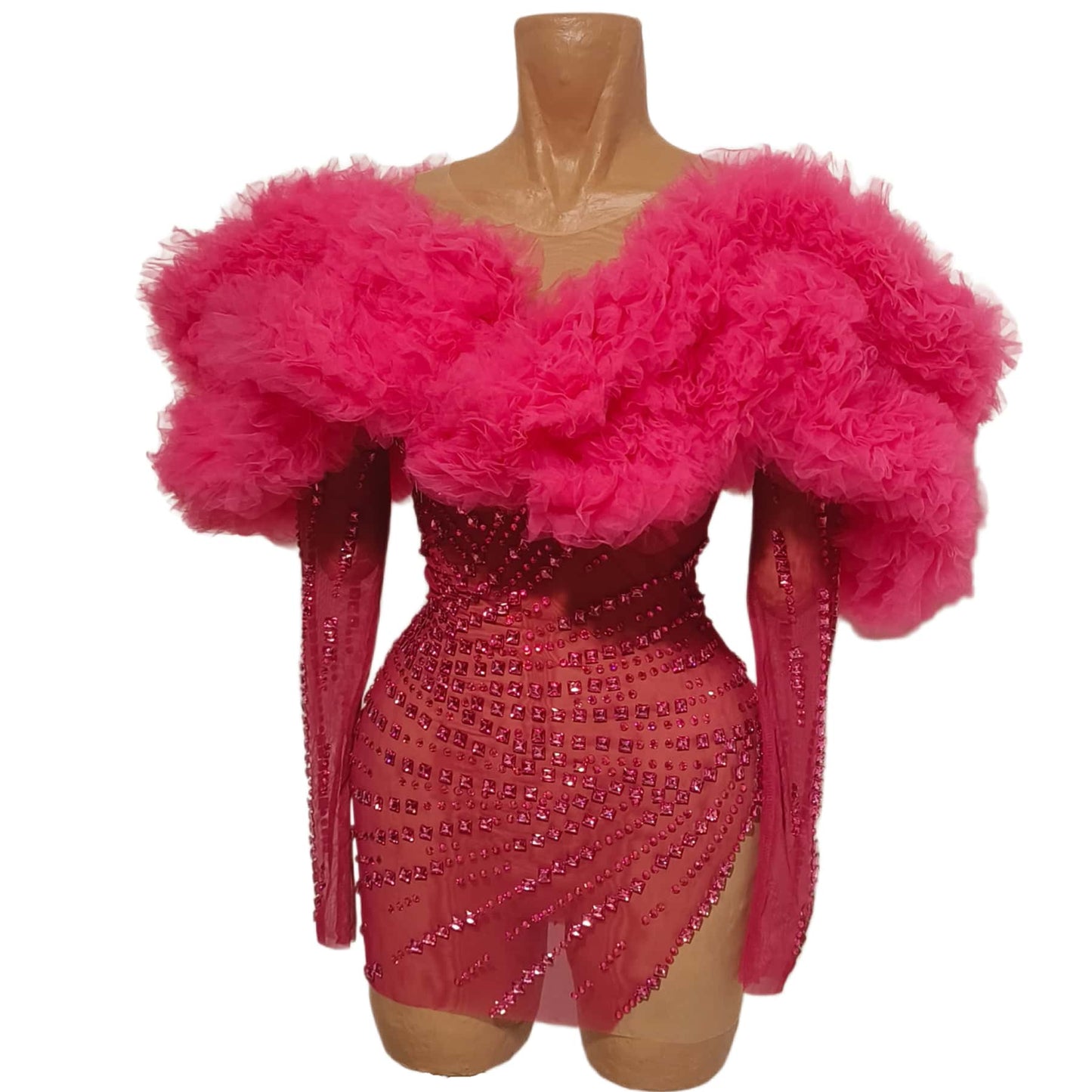 CELESINYI Guose Crystal Hot Pink Ruffle Mini Dress
