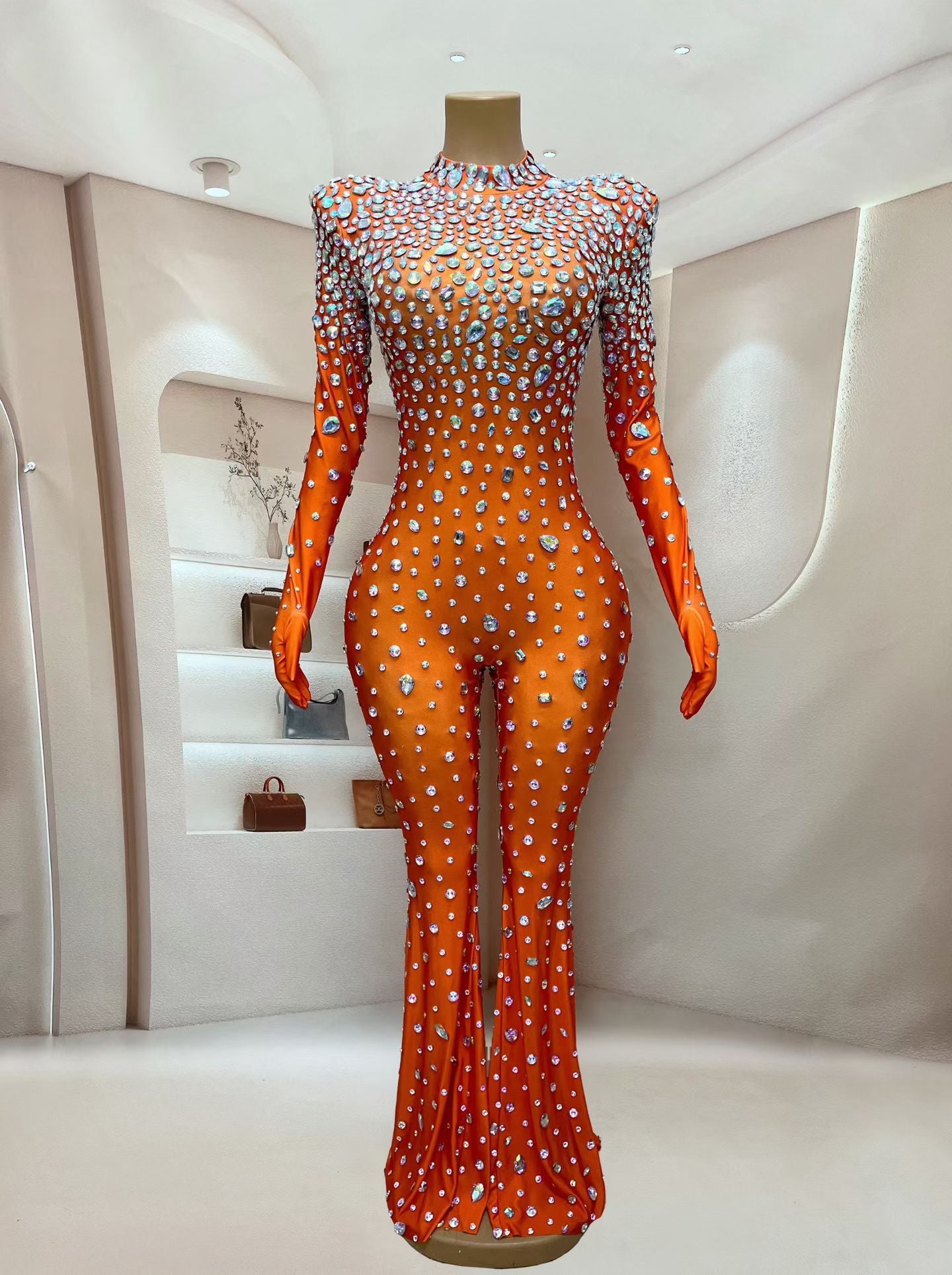CELESINYI Dashuijing Crystal Bell-Bottom Jumpsuit (Orange AB)