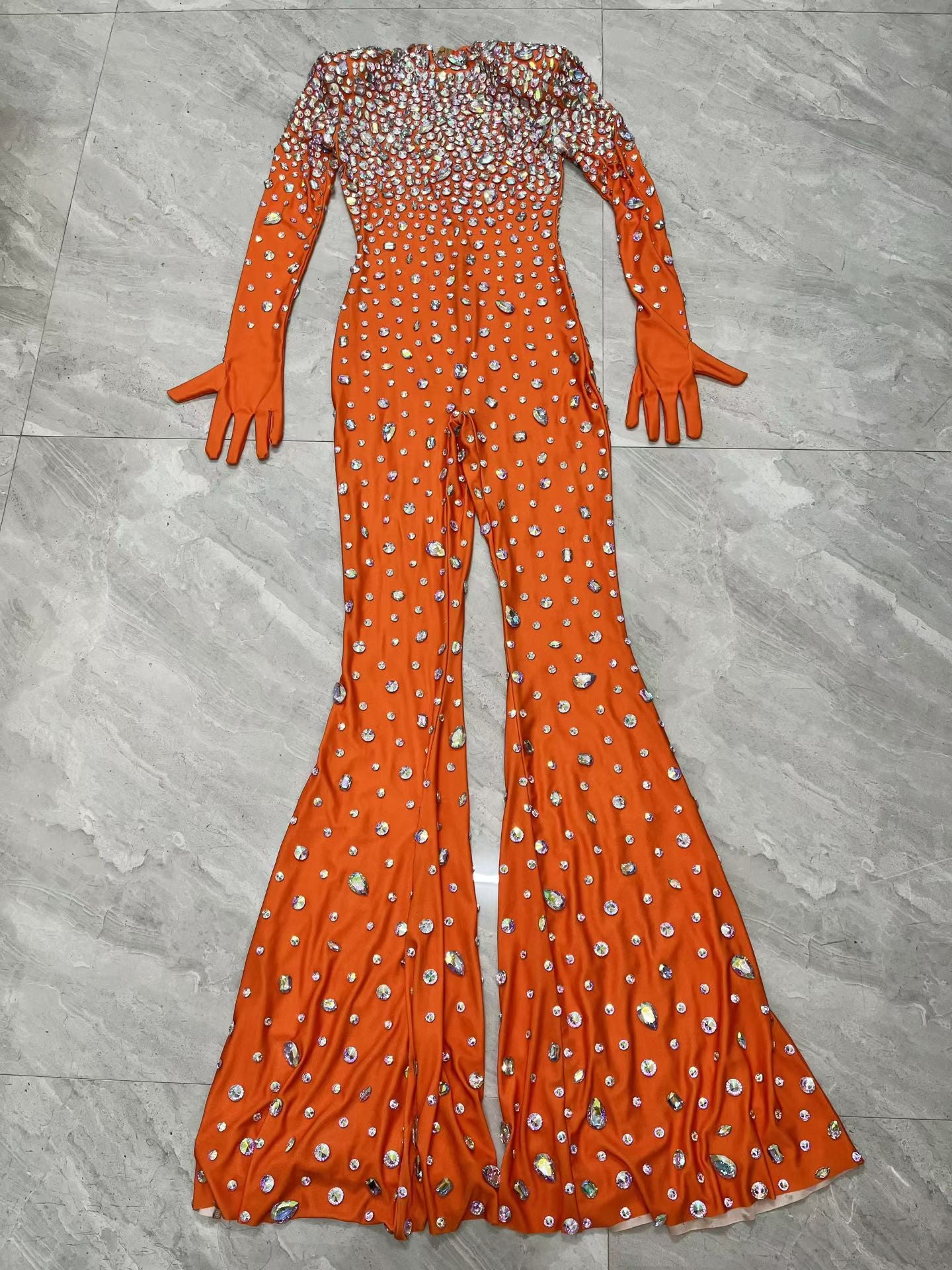 CELESINYI Dashuijing Crystal Bell-Bottom Jumpsuit (Orange AB)