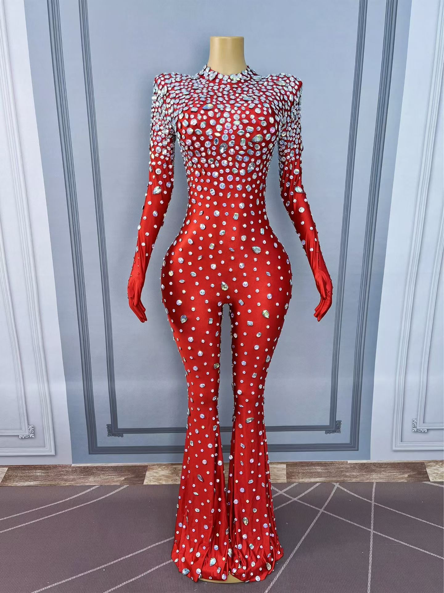 CELESINYI Dashuijing Crystal Bell-Bottom Jumpsuit (Red)