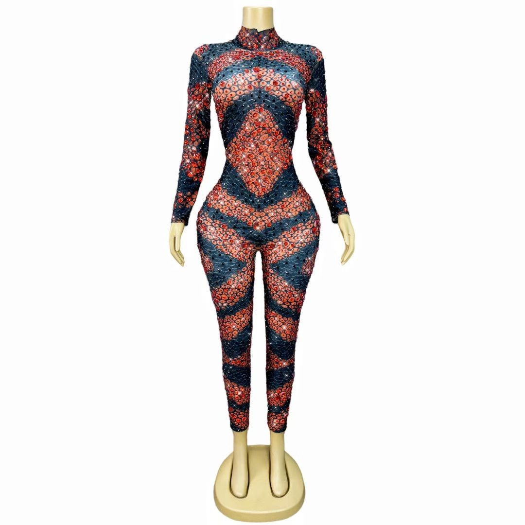 CELESINYI Hongposhe Crystal Geometric Catsuit