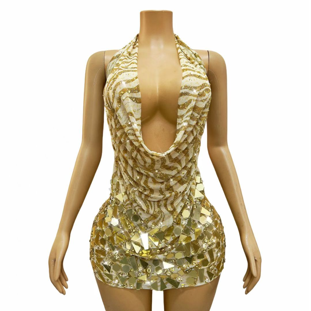 CELESINYI Jinsui Crystal Gold Mirror Mini Dress